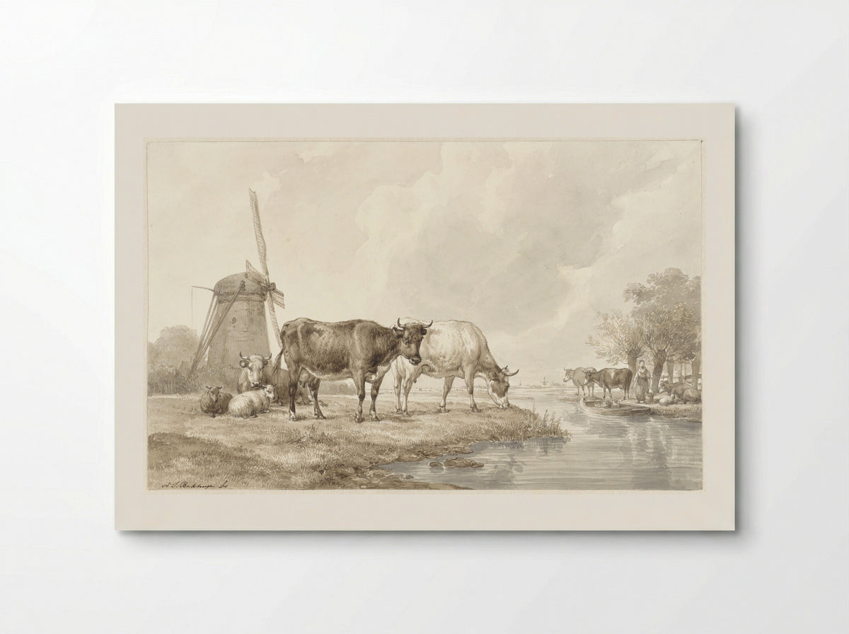 Cattle in a Meadow by a Windmill - Hendrikus van de Sande Bakhuyzen - Poster