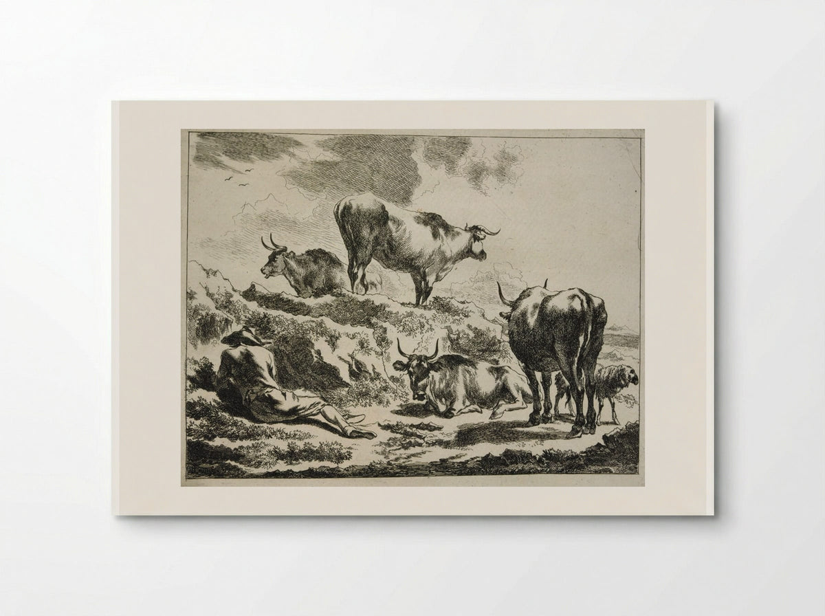 Cattle on a Hillock and Resting Cowherd - Johannes Visscher - Poster