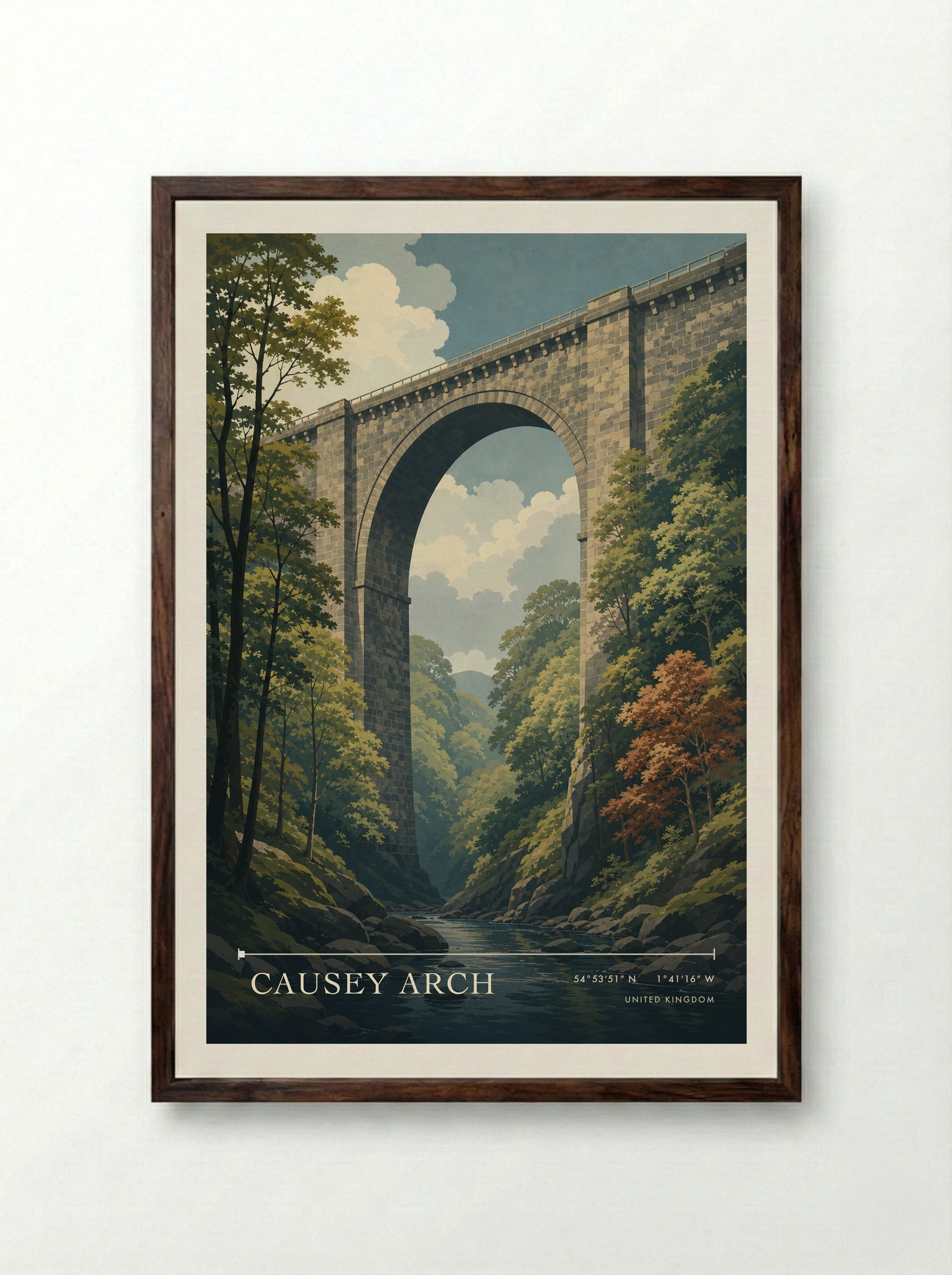 Causey Arch United Kingdom Travel Poster - Framed Print Dark Wood