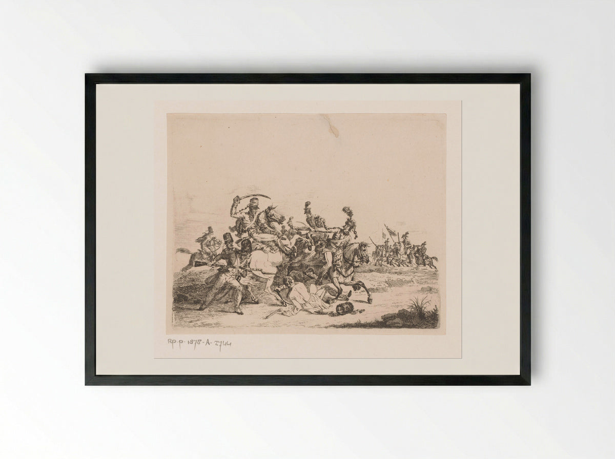Cavalerie en infanterie in gevecht - Pierre Jean Baptiste Leroy - Framed Print Black