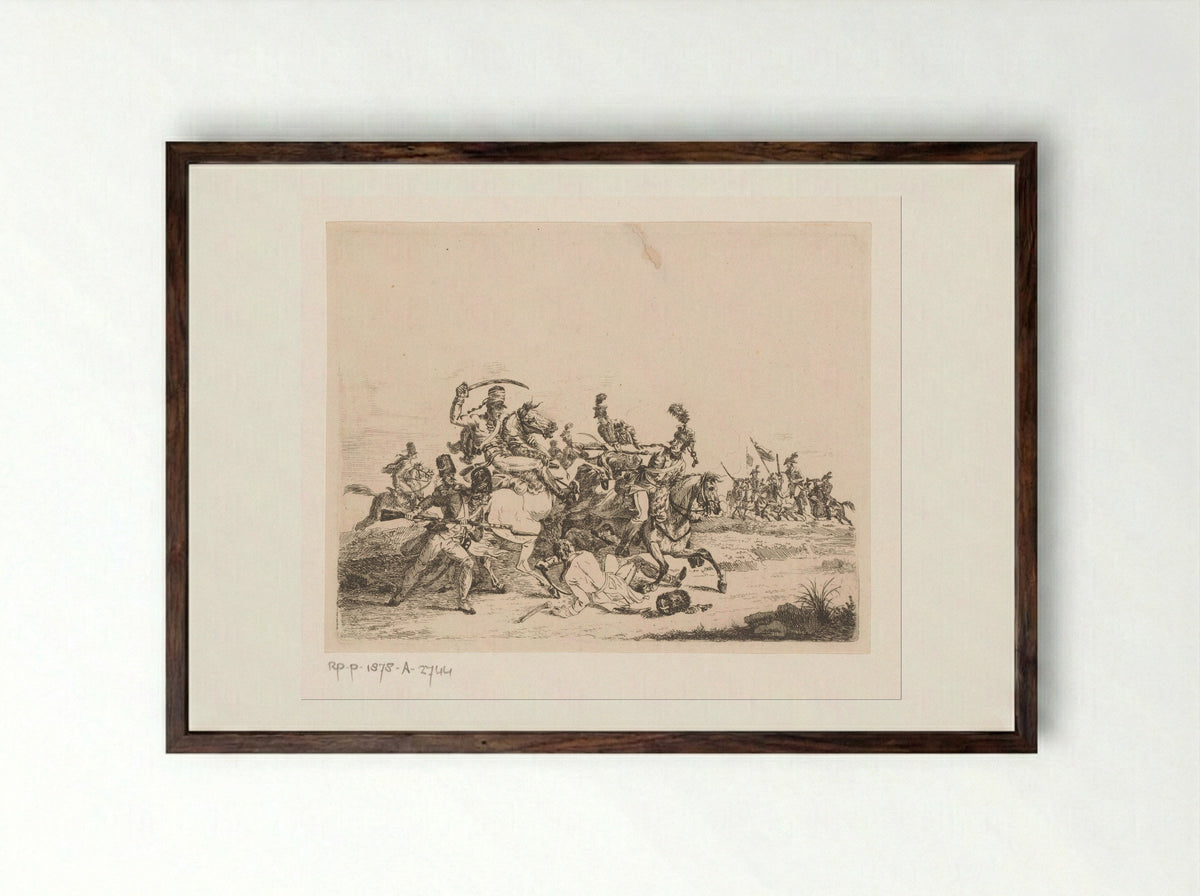Cavalerie en infanterie in gevecht - Pierre Jean Baptiste Leroy - Framed Print Dark Wood