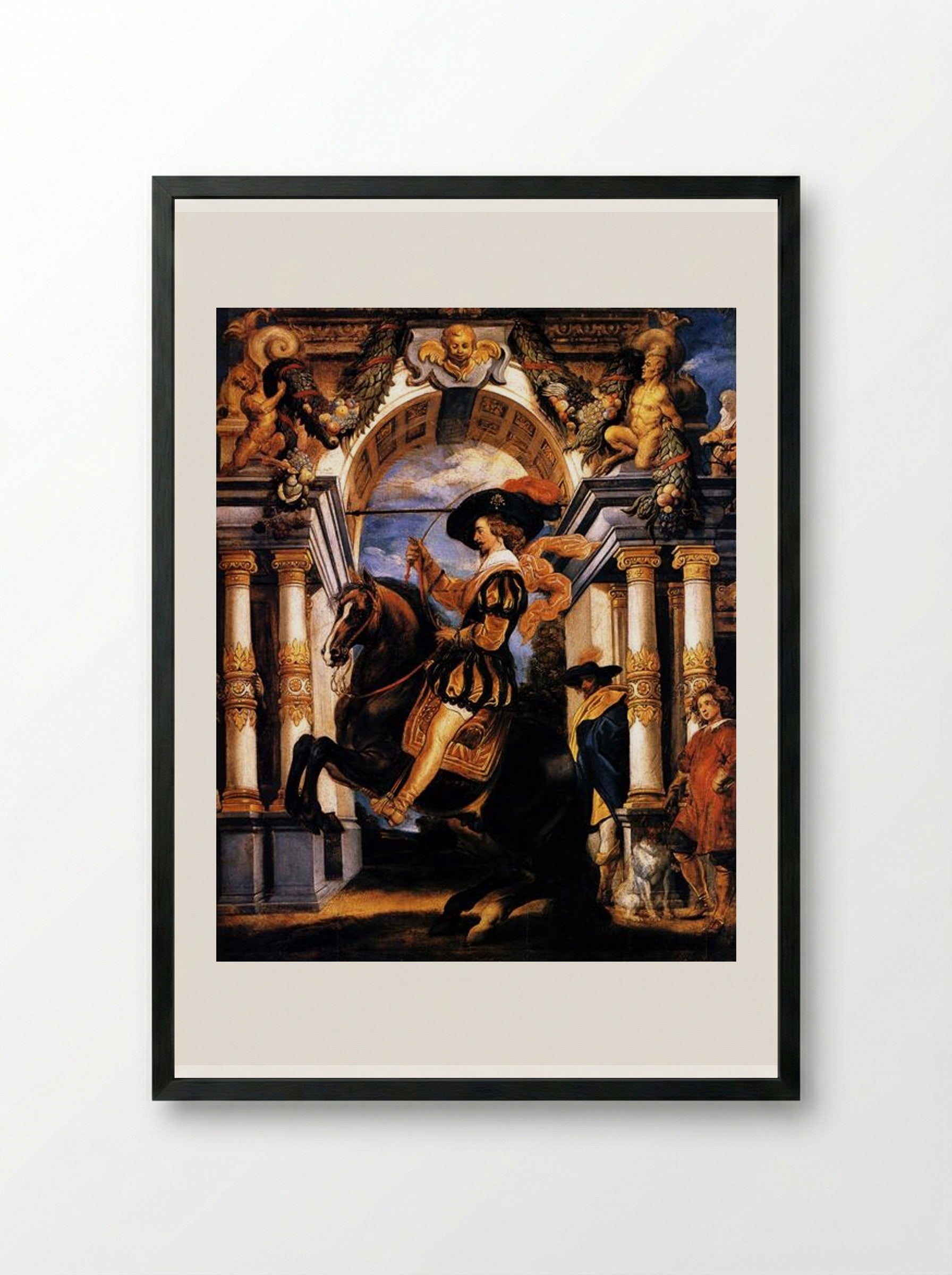 Cavalier executing a Levade, in front of a portal - Jacob Jordaens - Framed Print Black