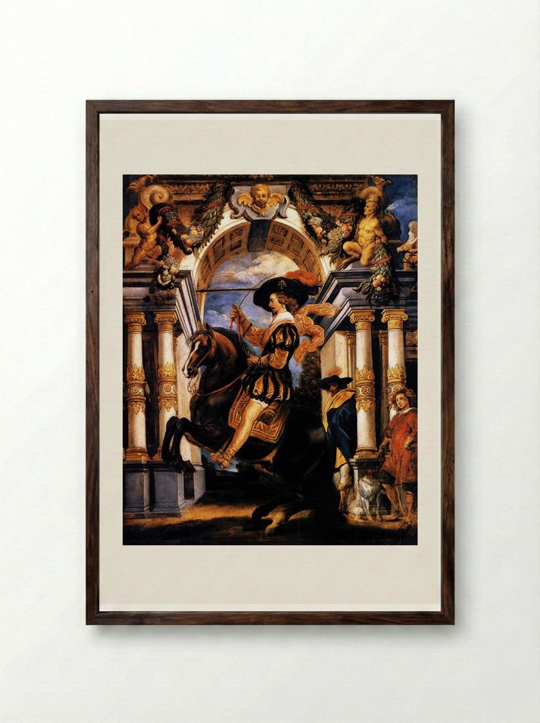 Cavalier executing a Levade, in front of a portal - Jacob Jordaens - Framed Print Dark Wood
