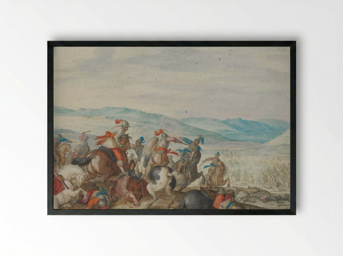 Cavalry Skirmish in a Mountainous Region - Bartholomäus Dietterlin - Framed Print Black