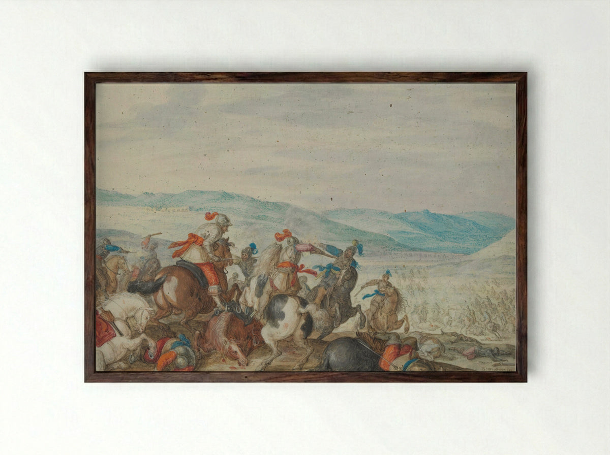 Cavalry Skirmish in a Mountainous Region - Bartholomäus Dietterlin - Framed Print Dark Wood