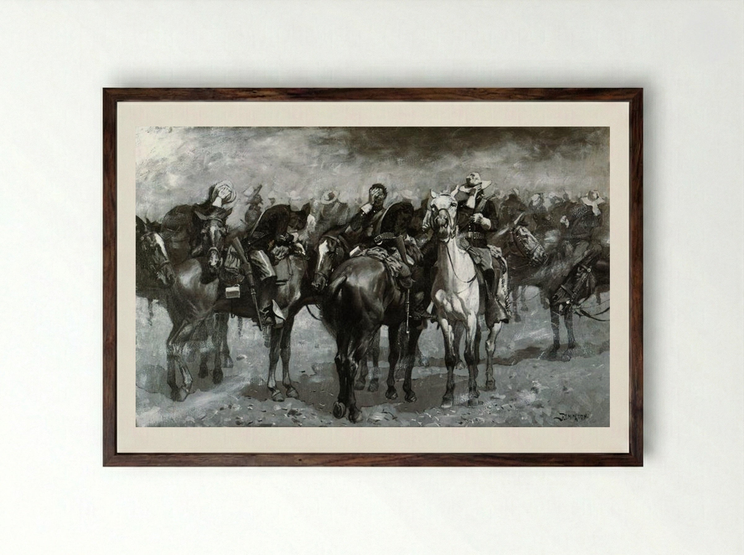 Cavalry in an Arizona Sandstorm - Frederic Remington - Framed Print Dark Wood
