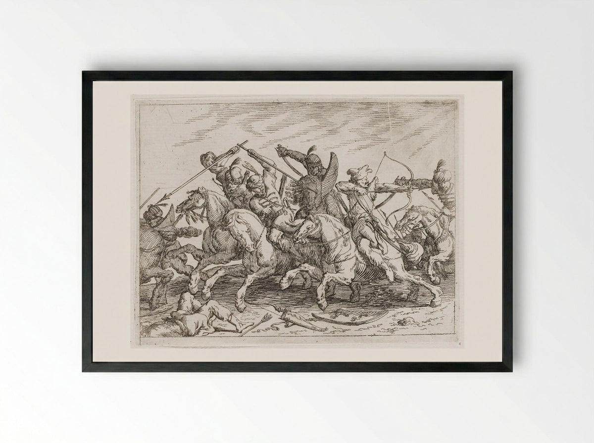 Cavalrymen Battling with Lances, Sabers, and Bow and Arrow - Johann Wilhelm Baur - Framed Print Black