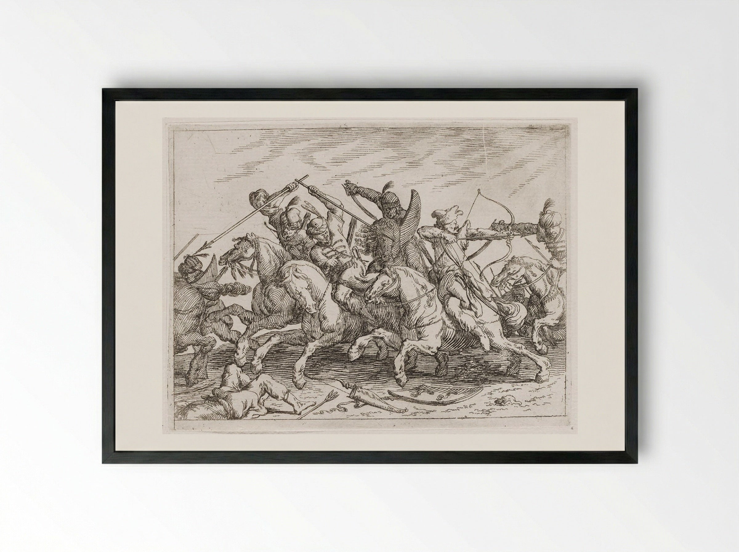 Cavalrymen Battling with Lances, Sabers, and Bow and Arrow - Johann Wilhelm Baur - Framed Print Black