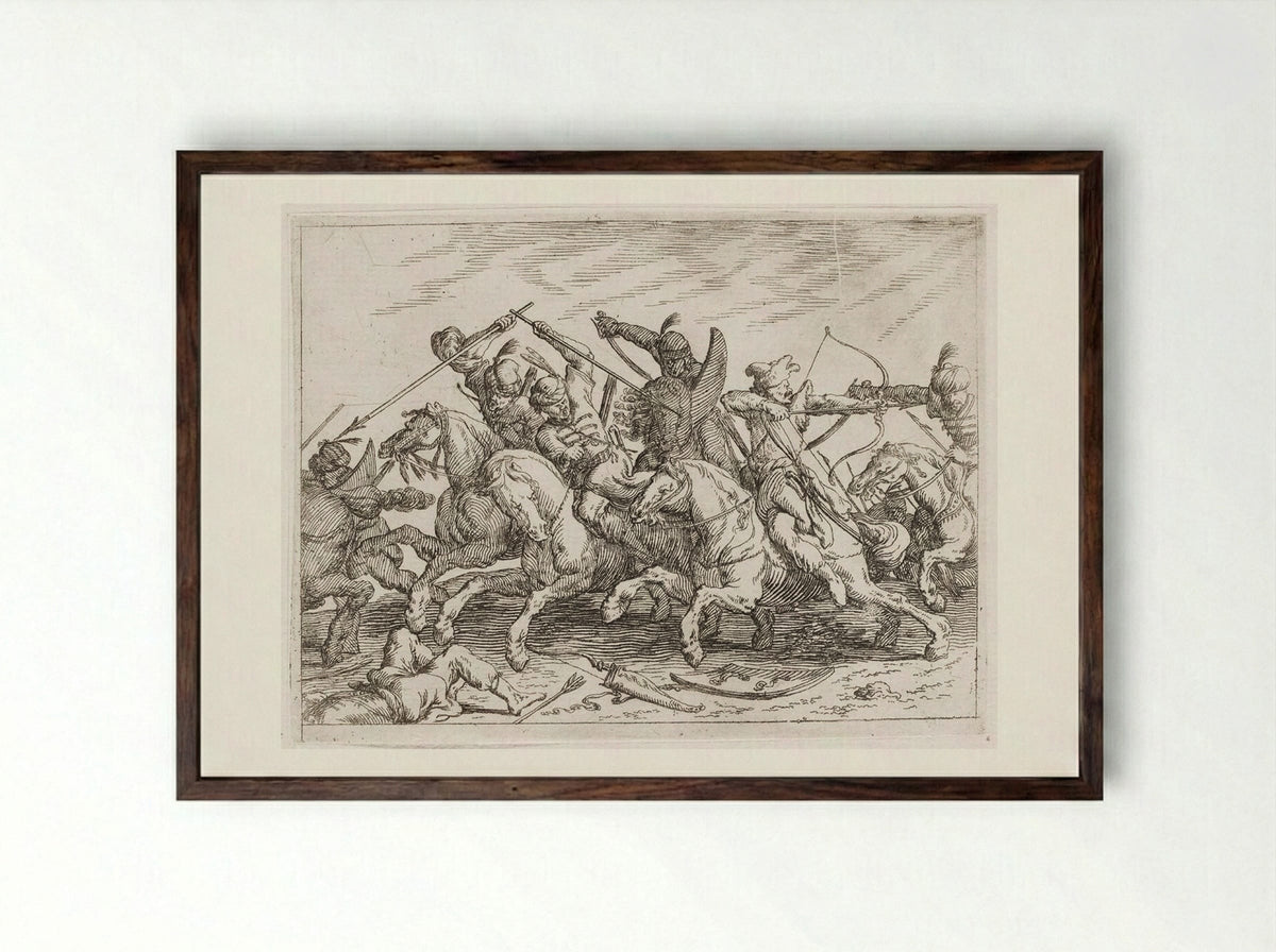 Cavalrymen Battling with Lances, Sabers, and Bow and Arrow - Johann Wilhelm Baur - Framed Print Dark Wood