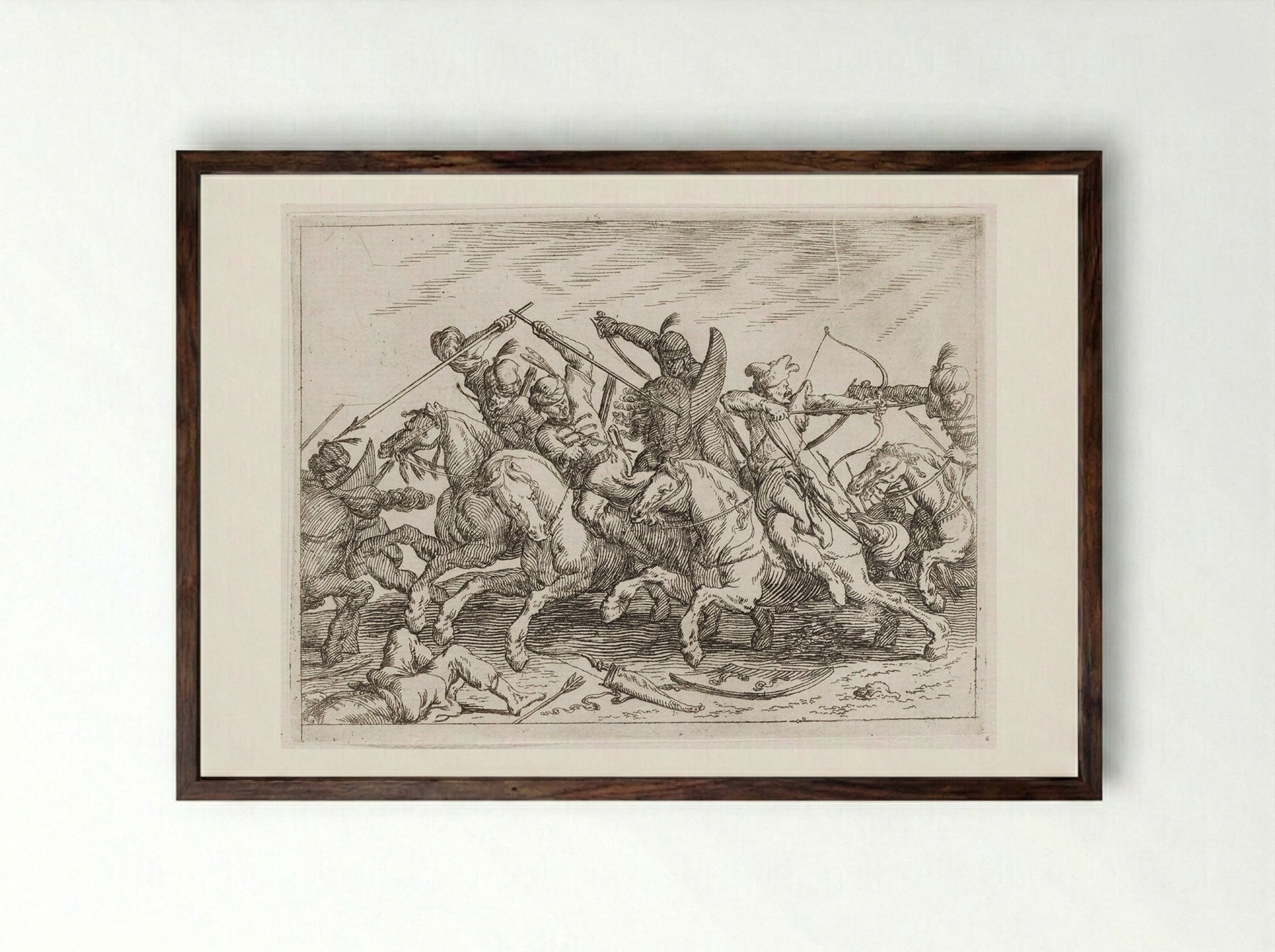 Cavalrymen Battling with Lances, Sabers, and Bow and Arrow - Johann Wilhelm Baur - Framed Print Dark Wood