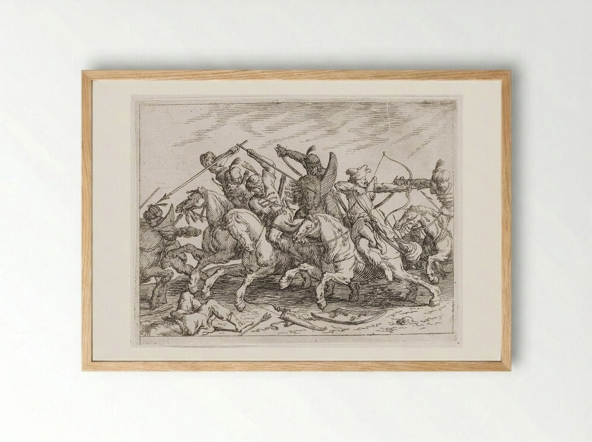 Cavalrymen Battling with Lances, Sabers, and Bow and Arrow - Johann Wilhelm Baur - Framed Print Wood