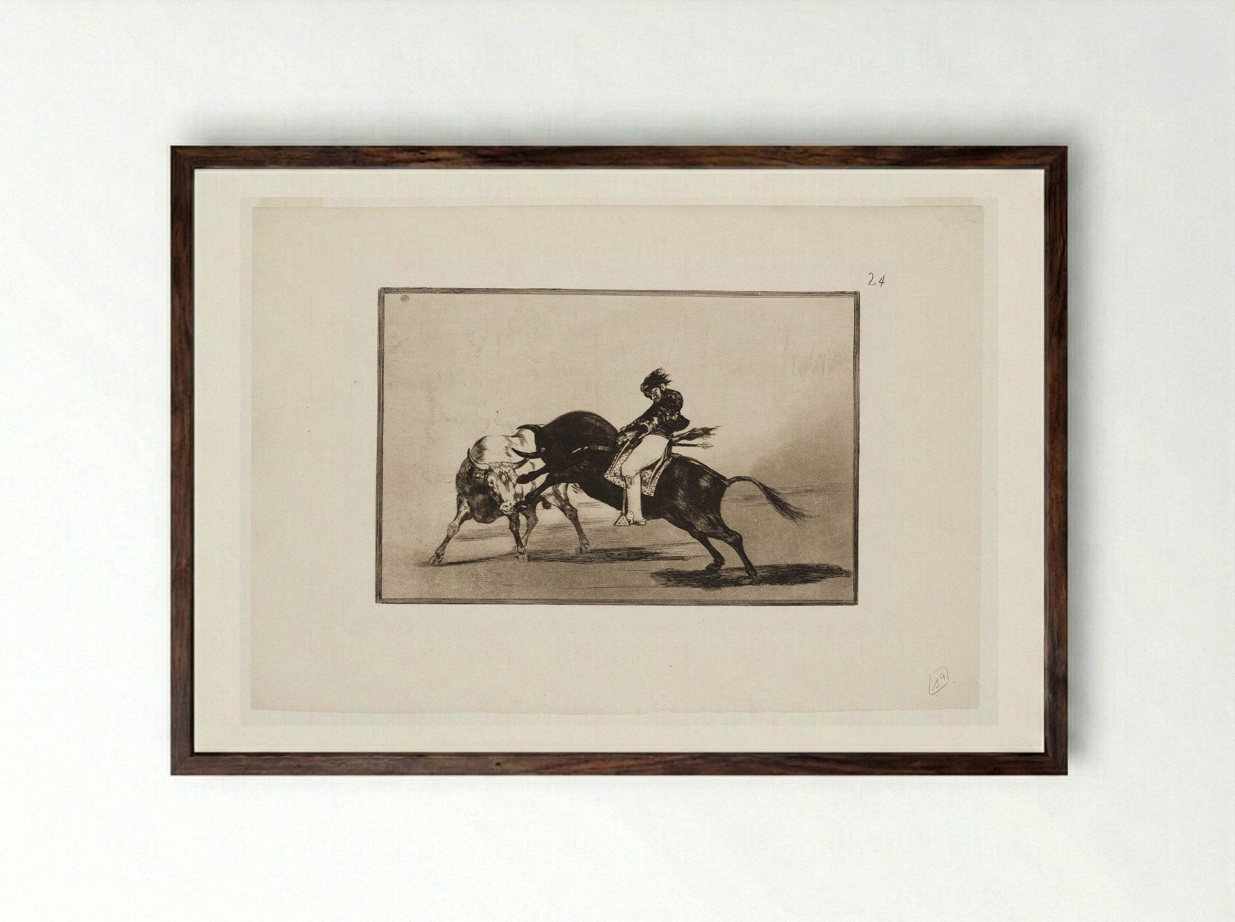 Ceballos Mounted on a Bull Breaks Short Spears in the Ring at Madrid - Francisco José de Goya y Lucientes - Framed Print Dark Wood