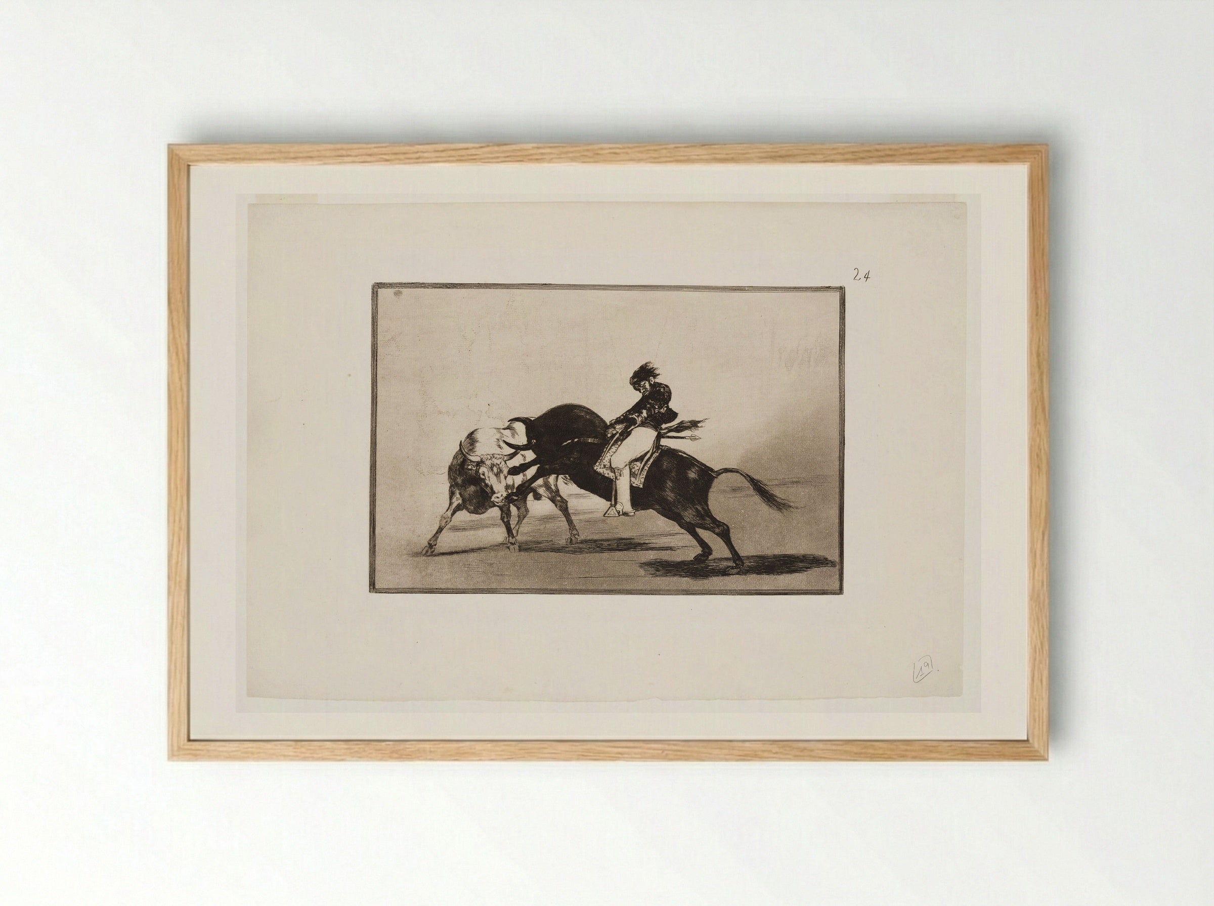 Ceballos Mounted on a Bull Breaks Short Spears in the Ring at Madrid - Francisco José de Goya y Lucientes - Framed Print Wood
