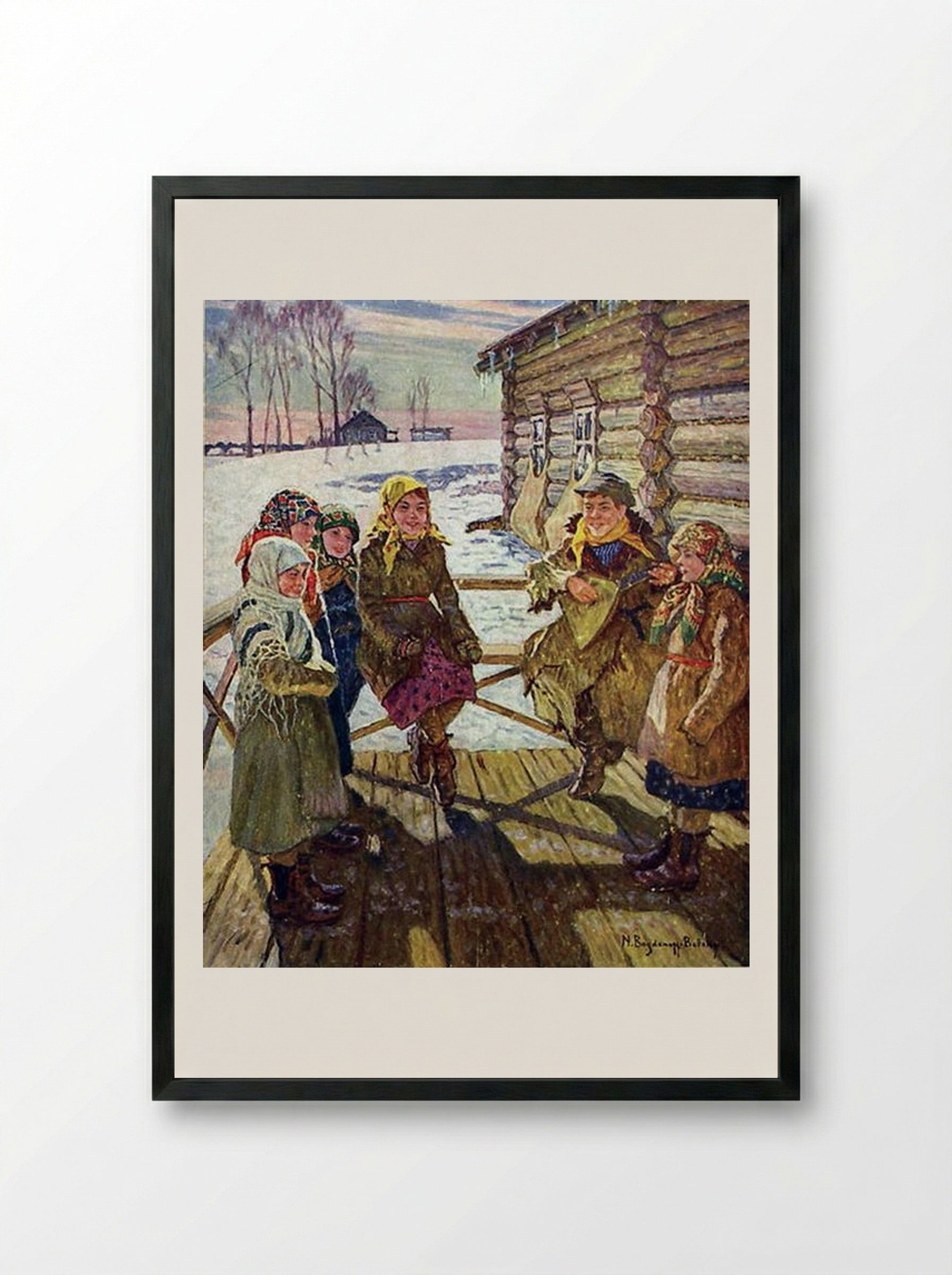 Celebration on a Steps - Nikolay Bogdanov-Belsky - Framed Print Black