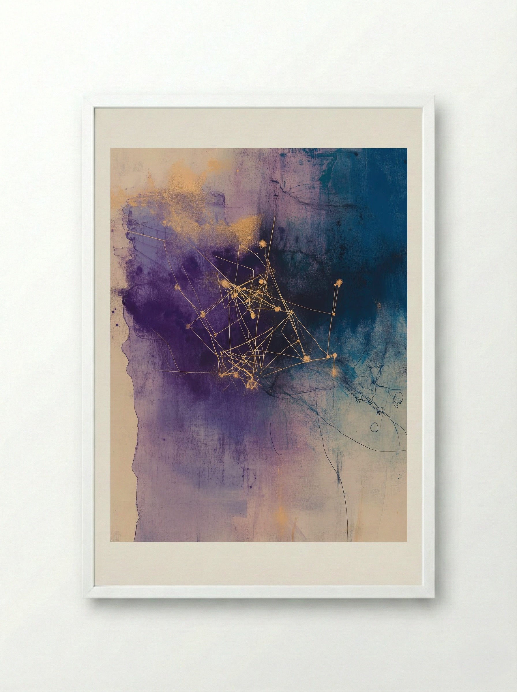Celestial Threads – Abstract Cosmic Network in Gold and Violet - Framed Print White