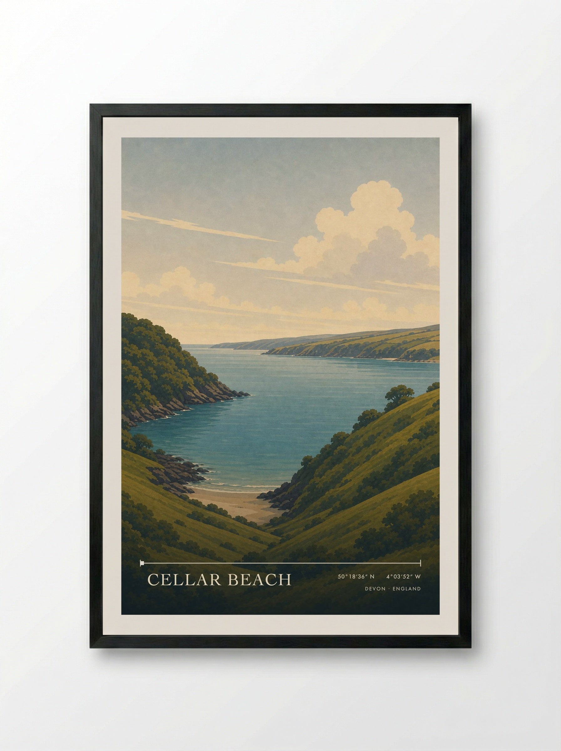 Cellar Beach Devon England Travel Poster - Framed Print Black