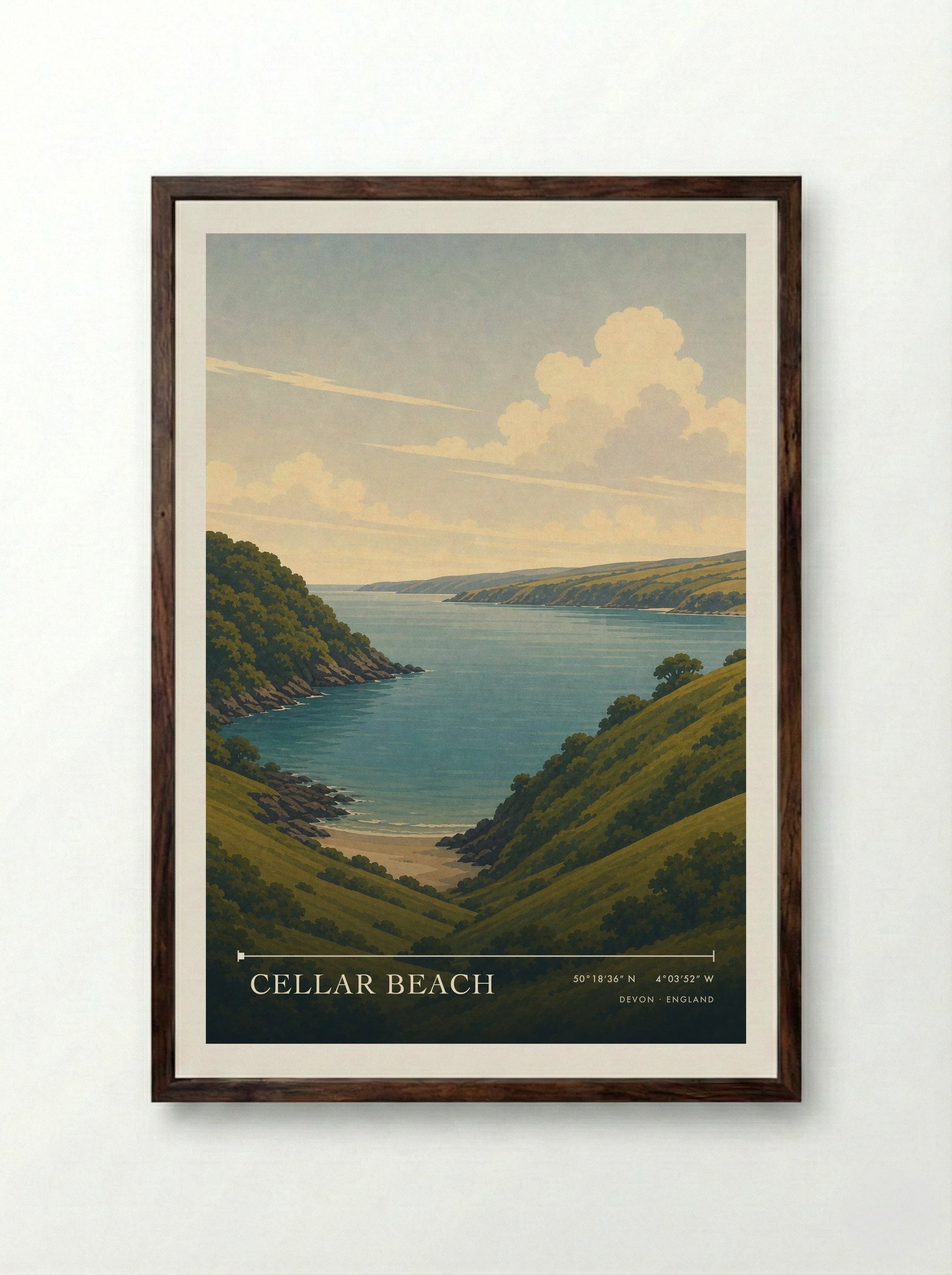 Cellar Beach Devon England Travel Poster - Framed Print Dark Wood