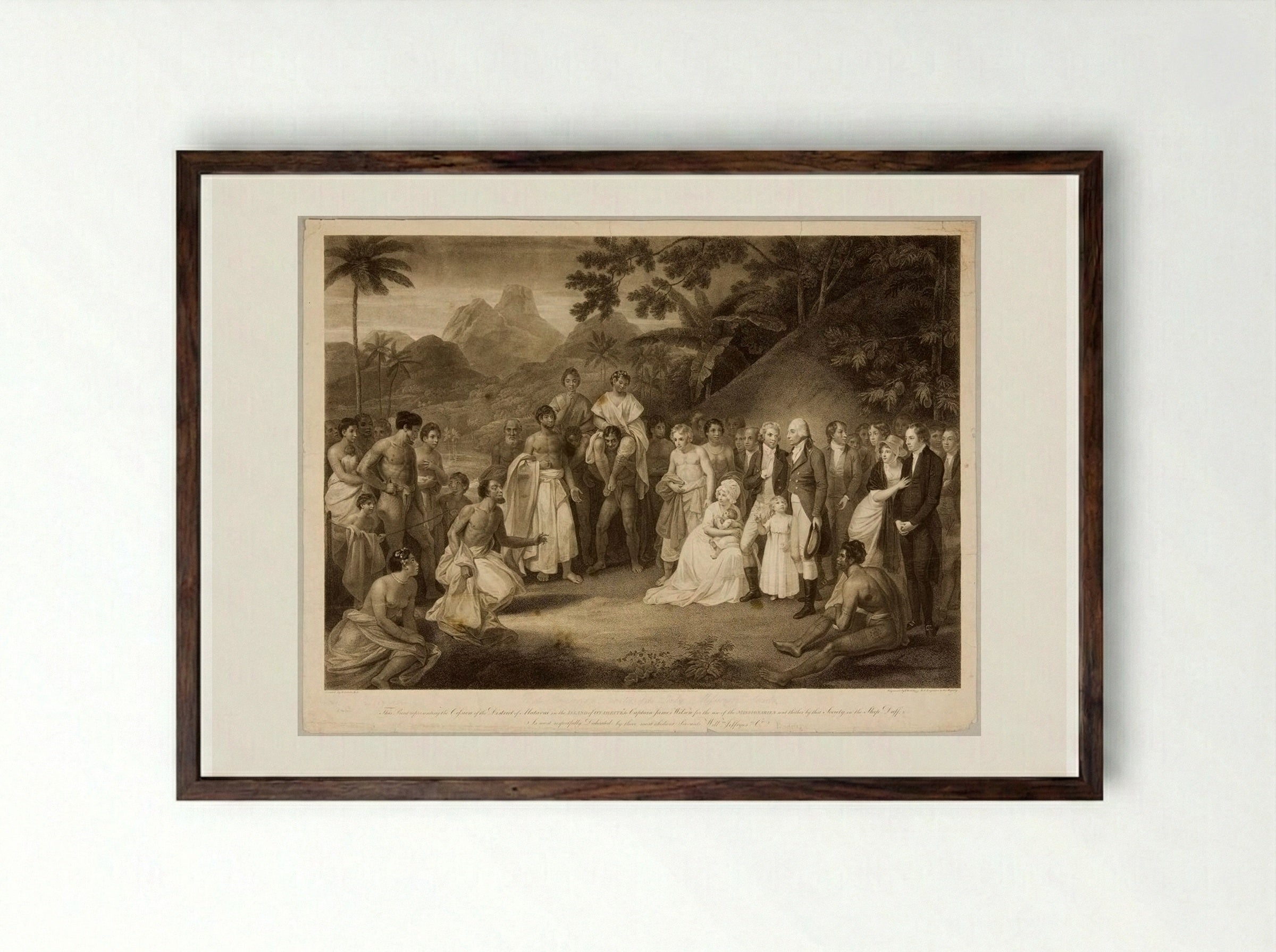 Cession of the District of Matavai in the Island of Otaheite to Captain James Wilson for the Use of the Missionaries - Francesco Bartolozzi - Framed Print Dark Wood