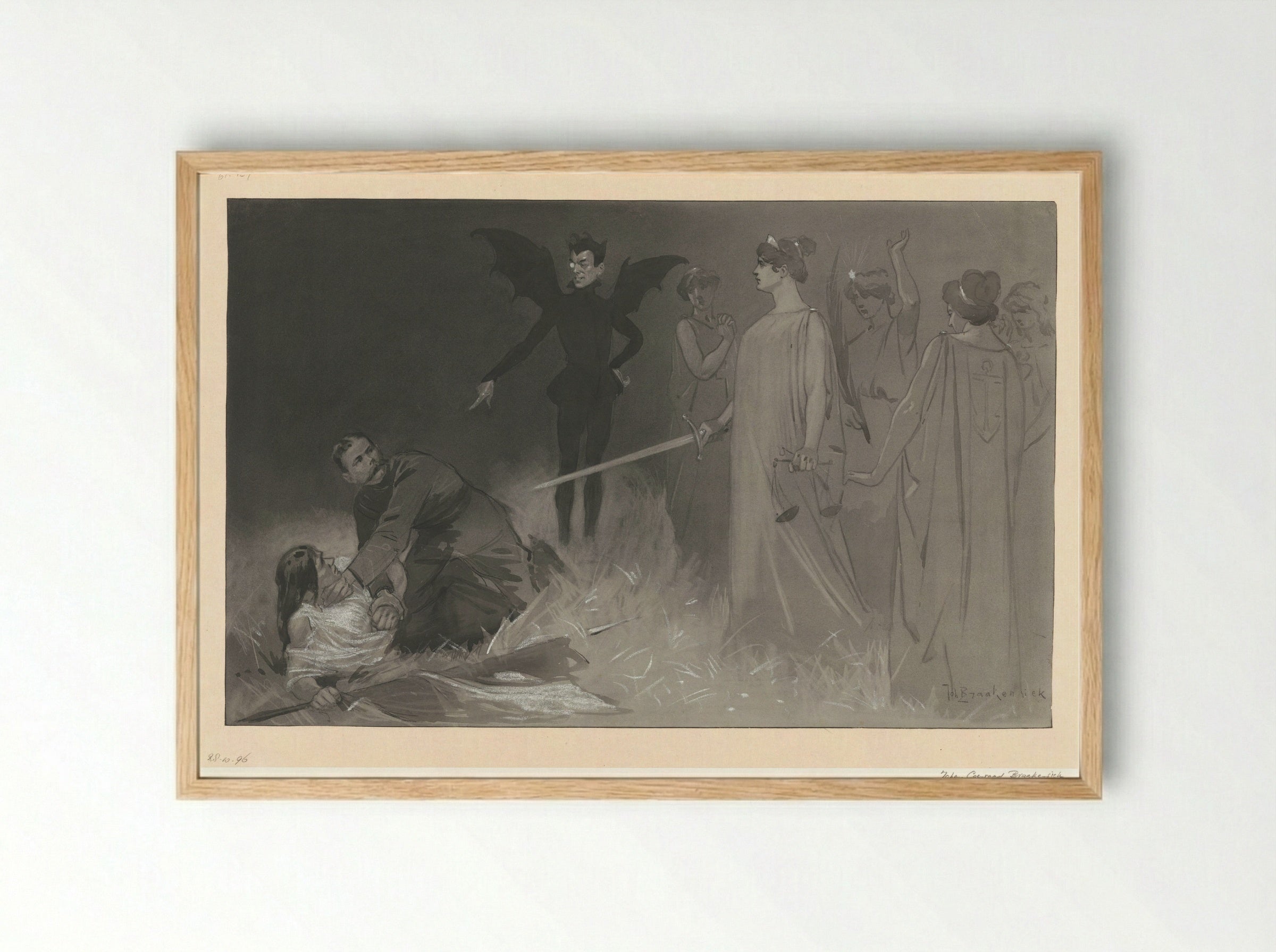 Chamberlain, als de duivel, en Kitchener in een politieke allegorie op de oorlog in Transvaal - Johan Braakensiek - Framed Print Wood