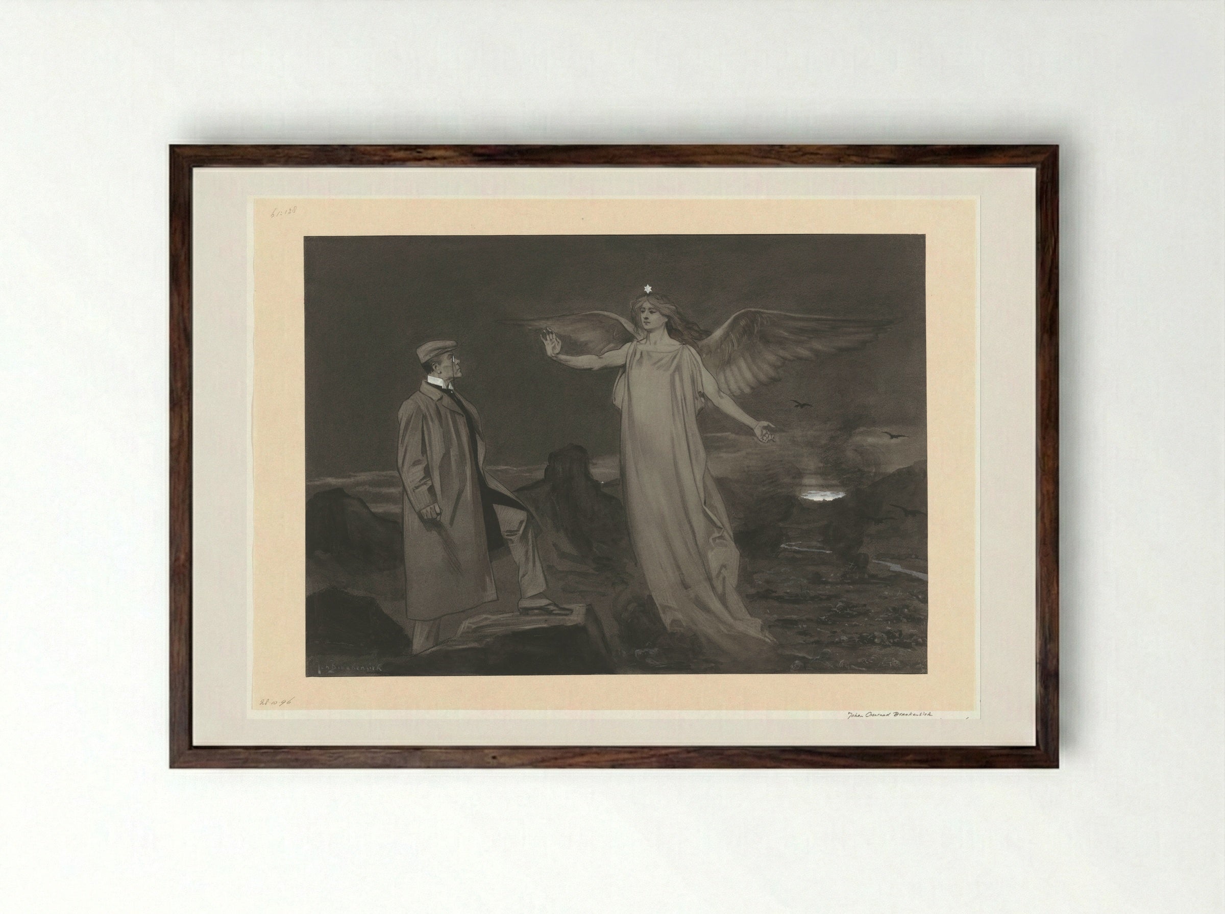 Chamberlain en de Vredesengel - Johan Braakensiek - Framed Print Dark Wood