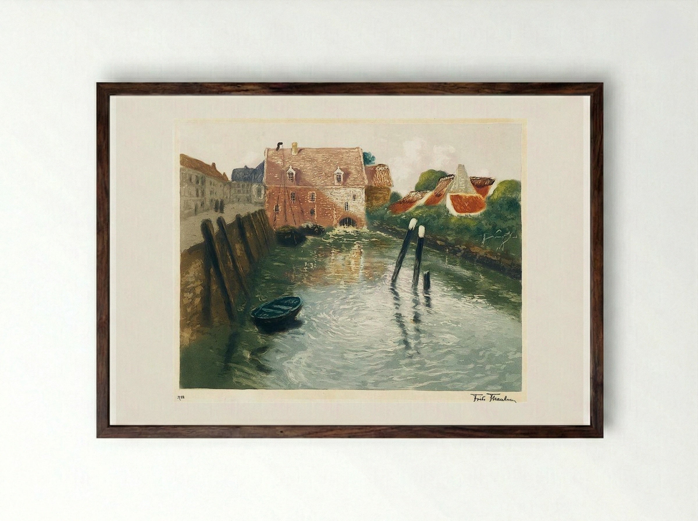 Channel with Watermill - Frits Thaulow - Framed Print Dark Wood