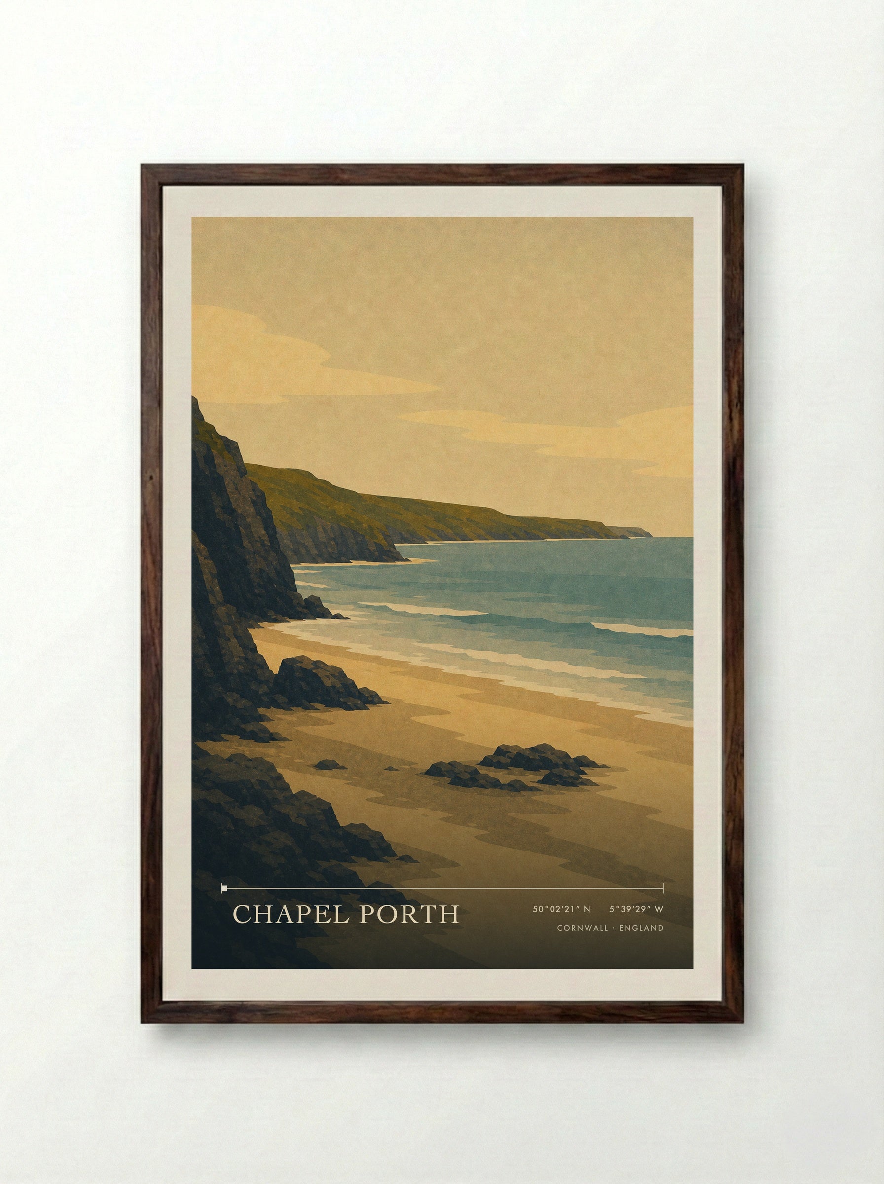 Chapel Porth Cornwall England Travel Poster - Framed Print Dark Wood