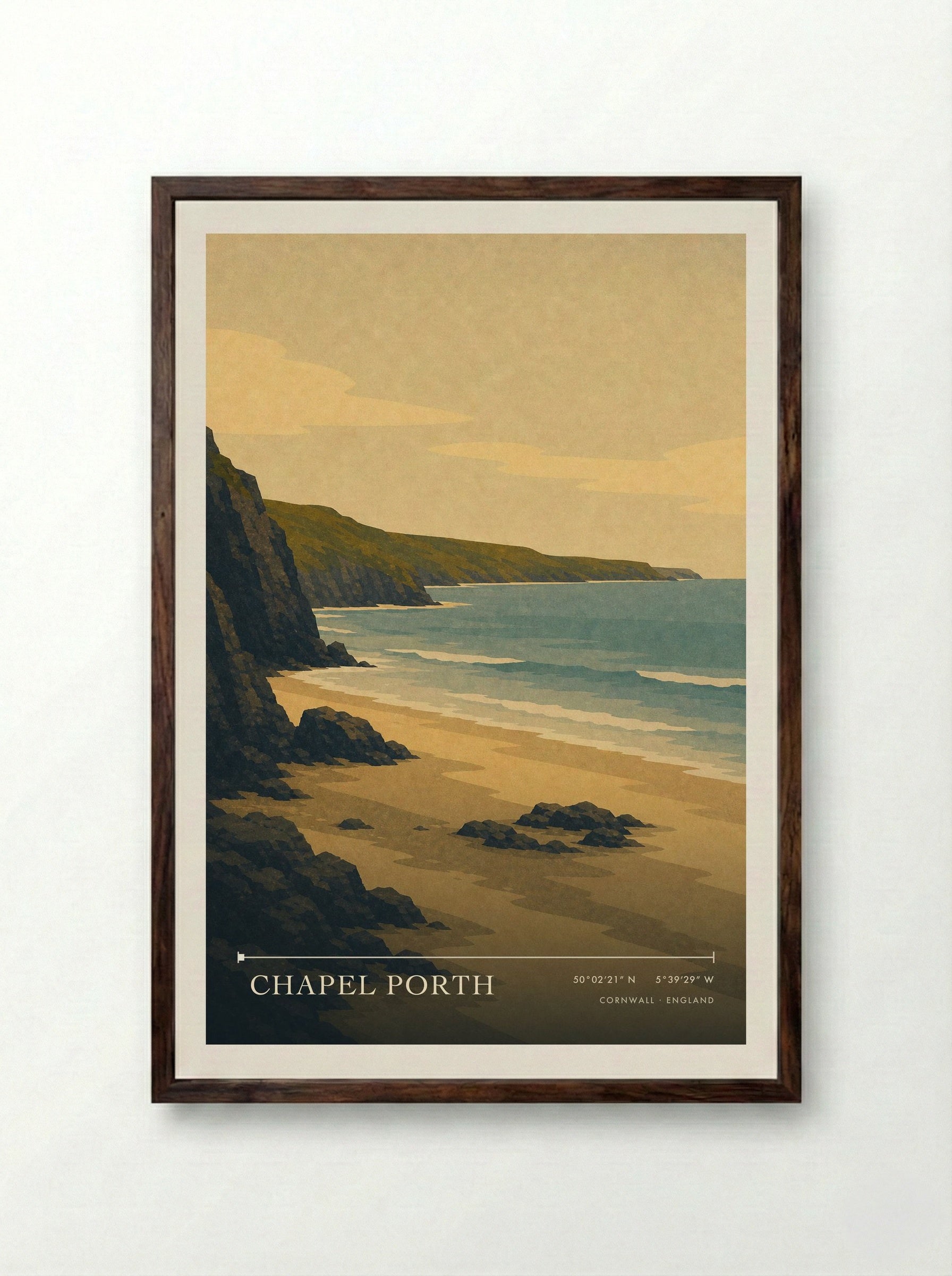 Chapel Porth Cornwall England Travel Poster - Framed Print Dark Wood