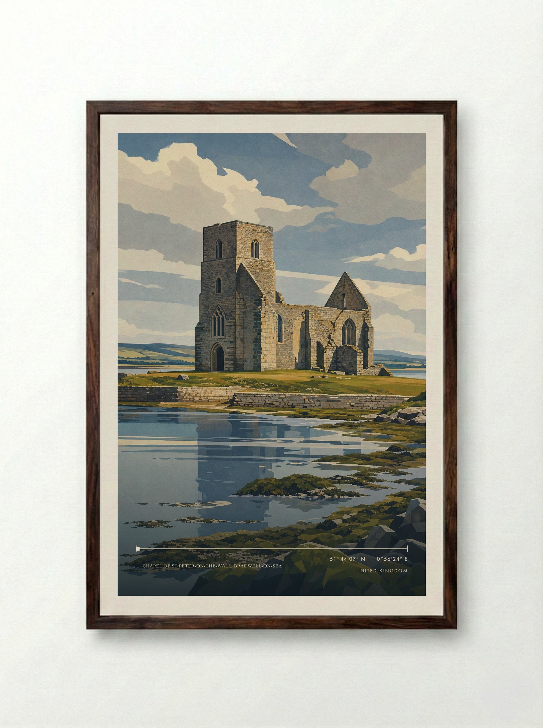 Chapel of St Peter-on-the-Wall, Bradwell-on-Sea United Kingdom Travel Poster - Framed Print Dark Wood