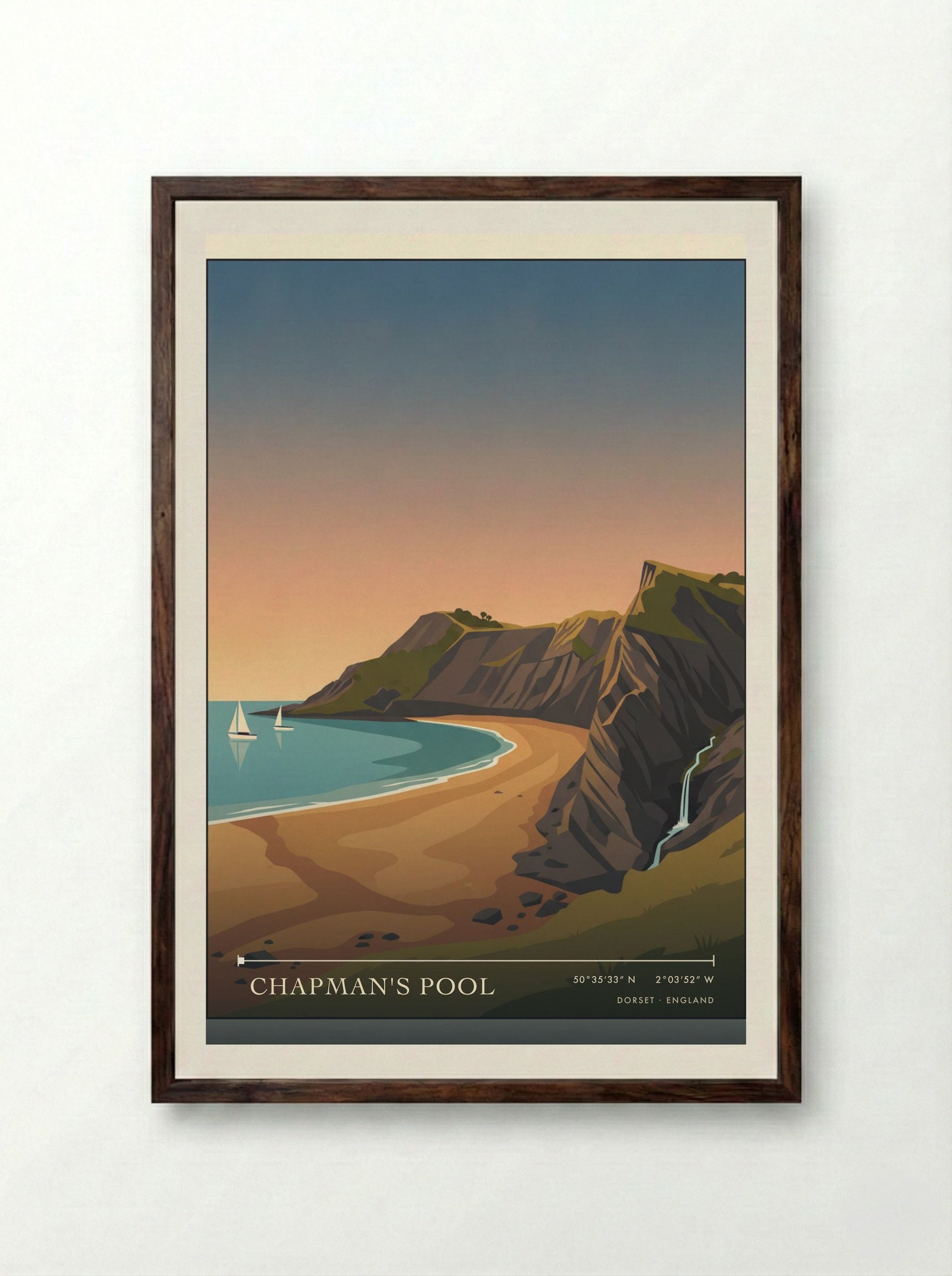 Chapman's Pool Dorset England Travel Poster - Framed Print Dark Wood