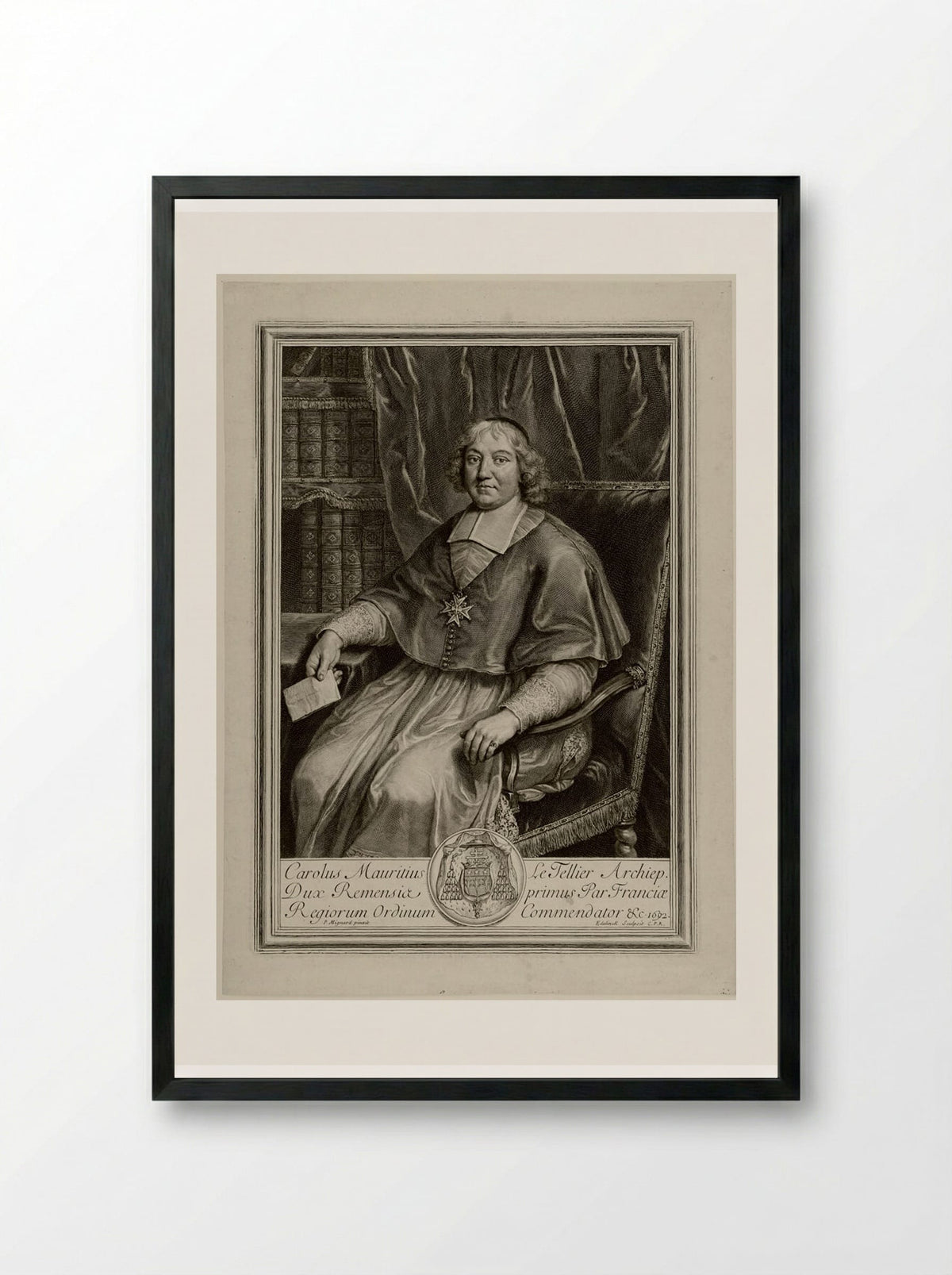 Charles Maurice Le Tellier, Archbishop, Duke of Reims - Gérard Edelinck - Framed Print Black