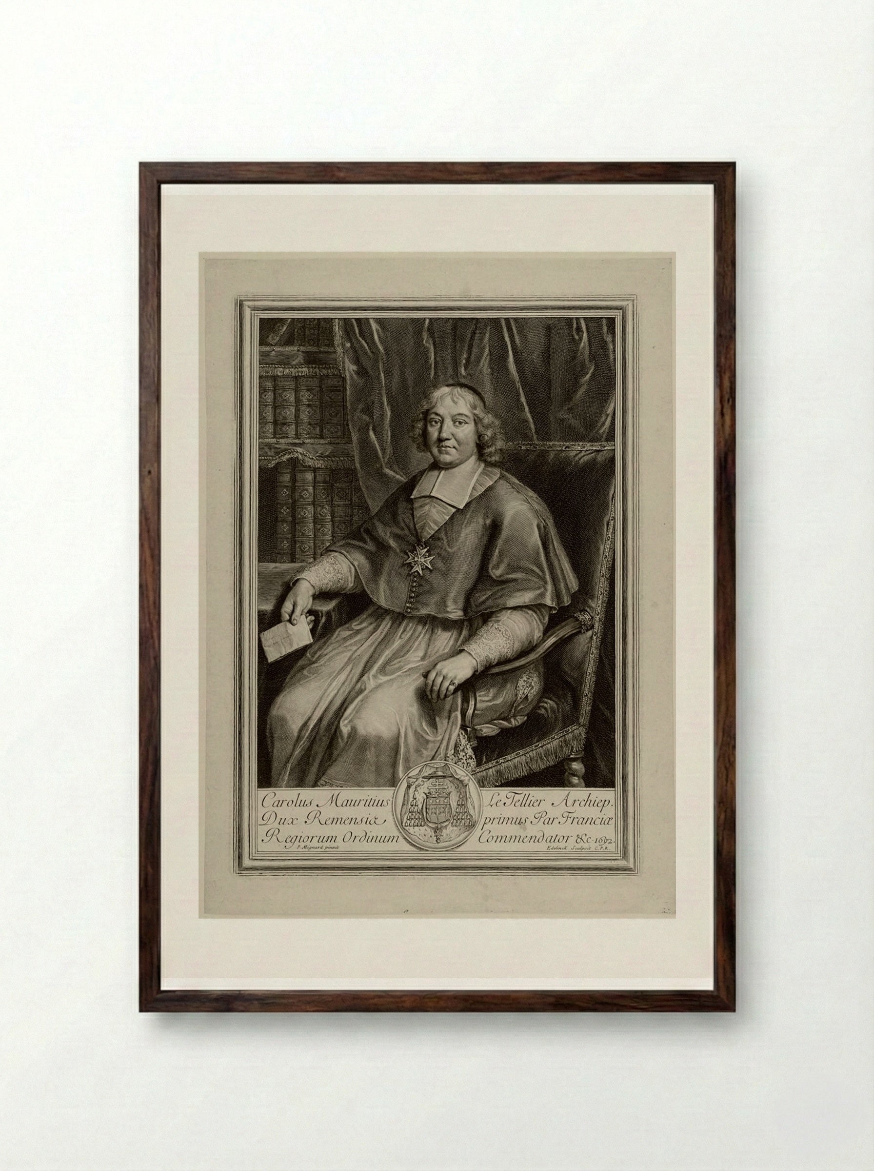 Charles Maurice Le Tellier, Archbishop, Duke of Reims - Gérard Edelinck - Framed Print Dark Wood