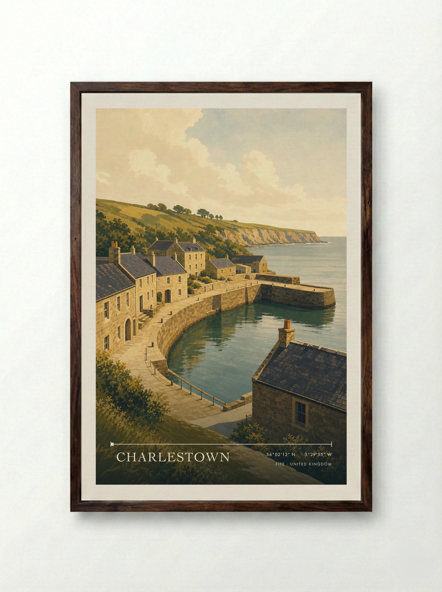 Charlestown Fife United Kingdom Travel Poster - Framed Print Dark Wood