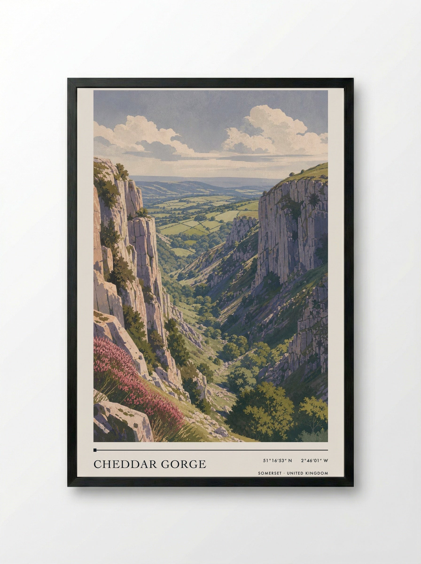 Cheddar Gorge Somerset United Kingdom Travel Poster - Framed Print Black