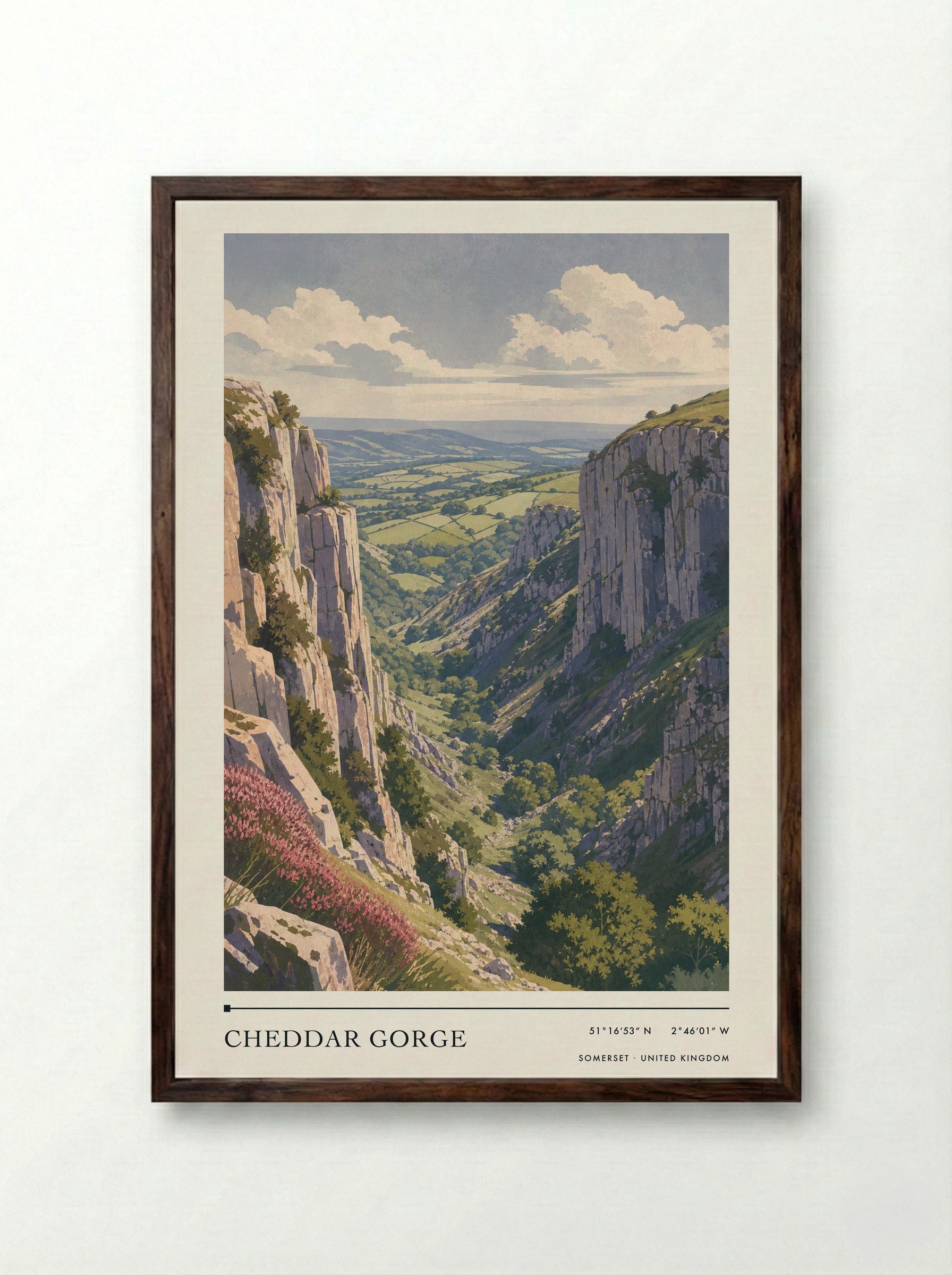 Cheddar Gorge Somerset United Kingdom Travel Poster - Framed Print Dark Wood