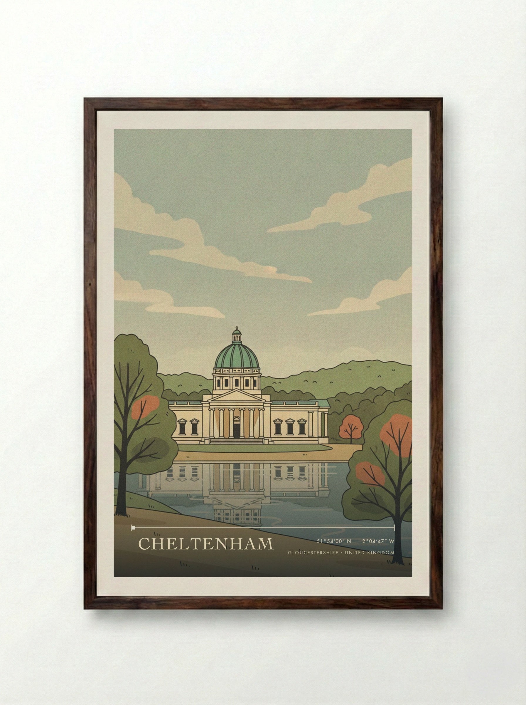 Cheltenham Gloucestershire United Kingdom Travel Poster - Framed Print Dark Wood