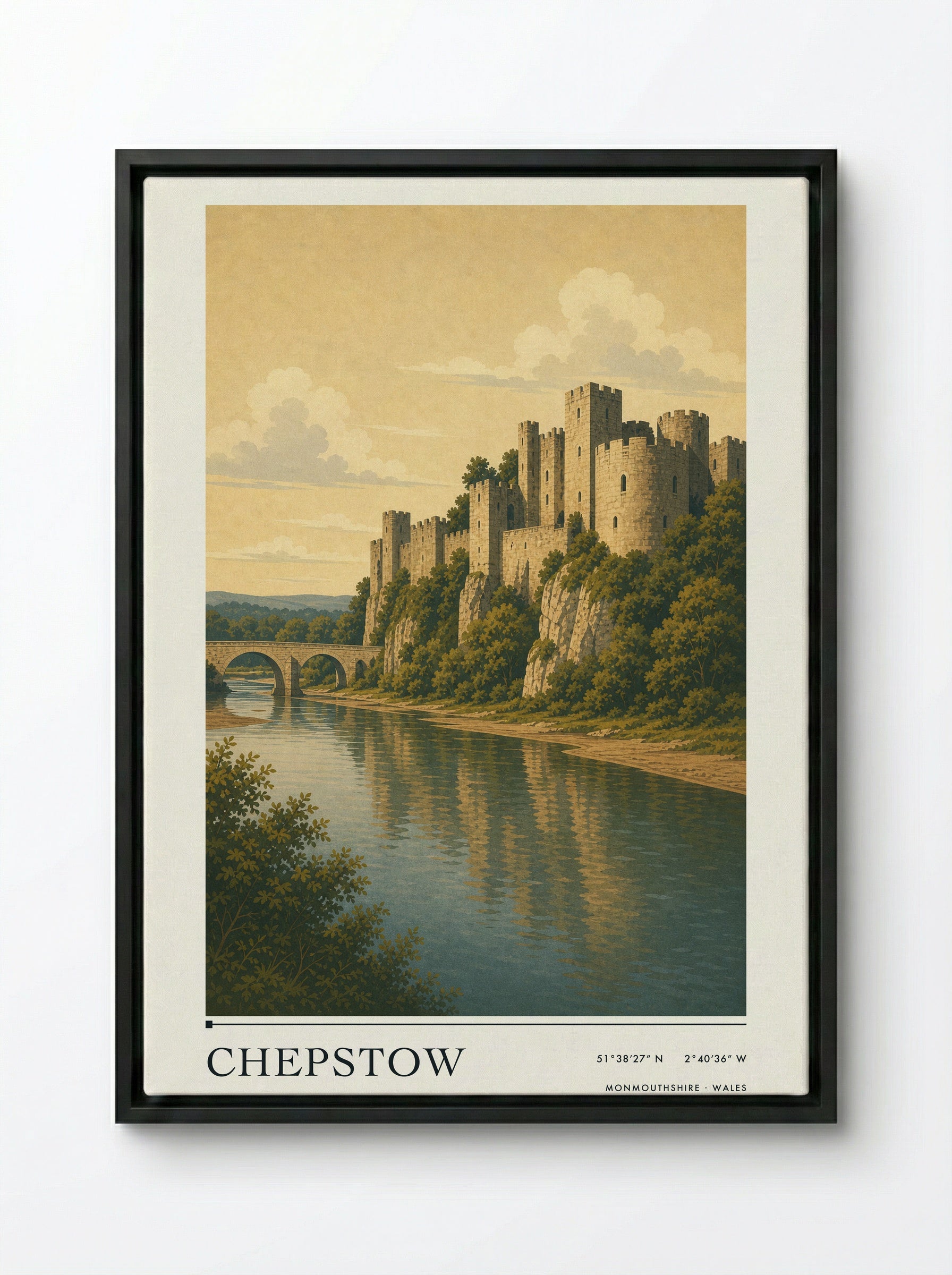 Chepstow Monmouthshire Wales Travel Poster - Framed Canvas Black