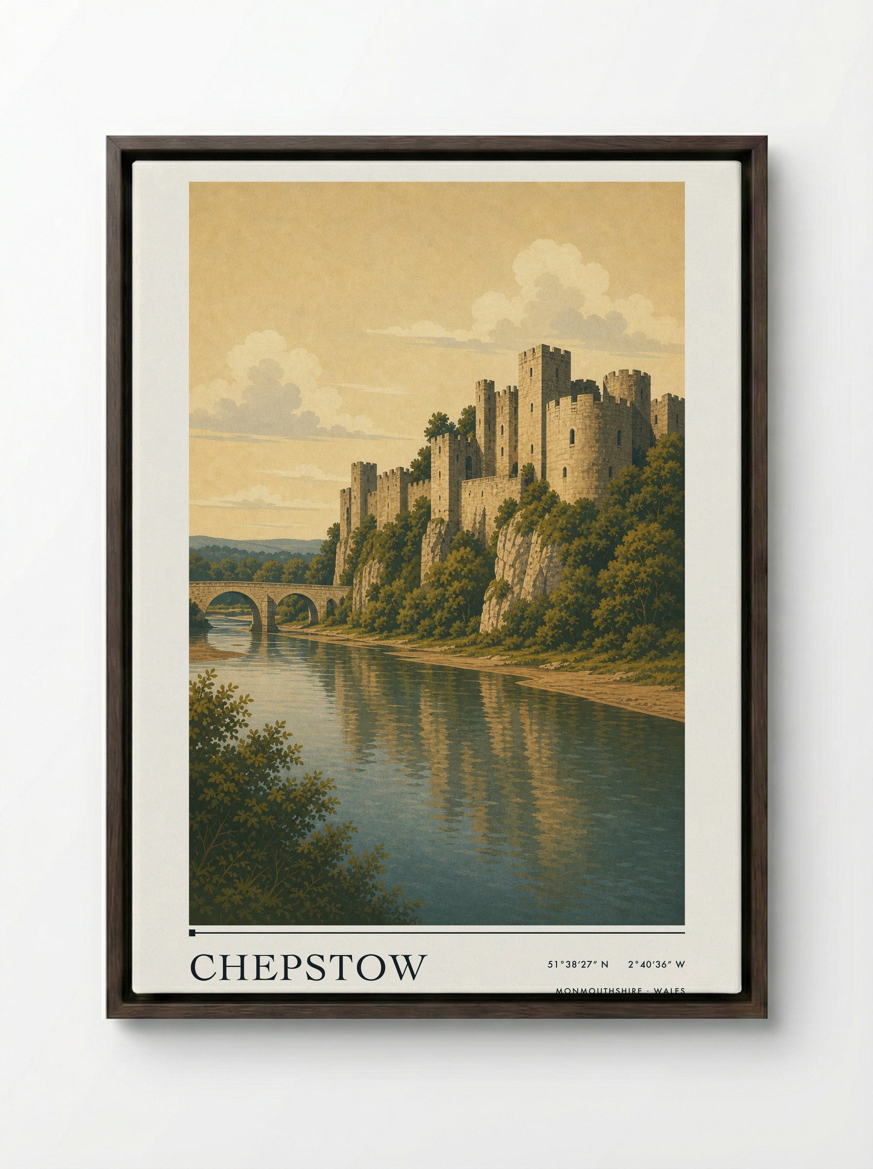 Chepstow Monmouthshire Wales Travel Poster - Framed Canvas Dark Wood