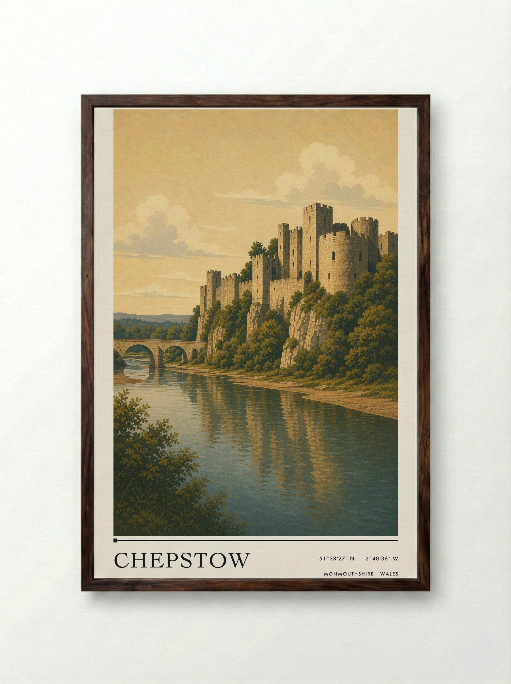 Chepstow Monmouthshire Wales Travel Poster - Framed Print Dark Wood