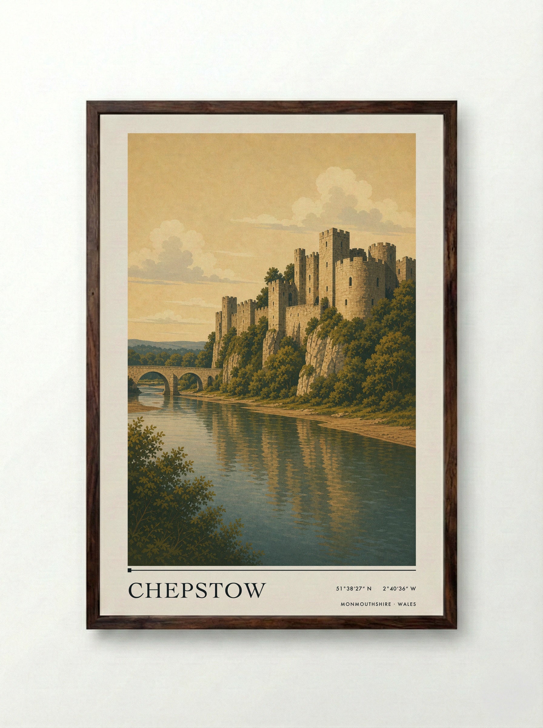 Chepstow Monmouthshire Wales Travel Poster - Framed Print Dark Wood