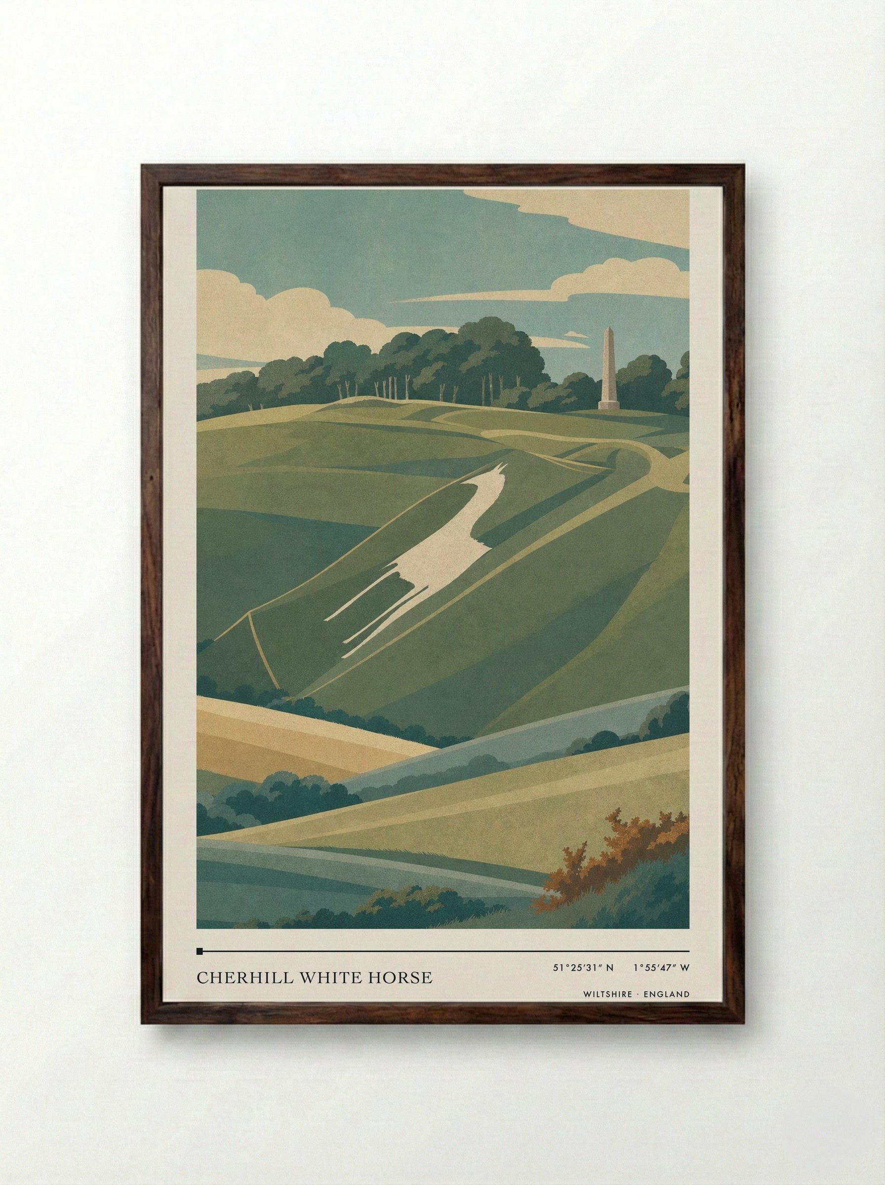 Cherhill White Horse Wiltshire England Travel Poster - Framed Print Dark Wood