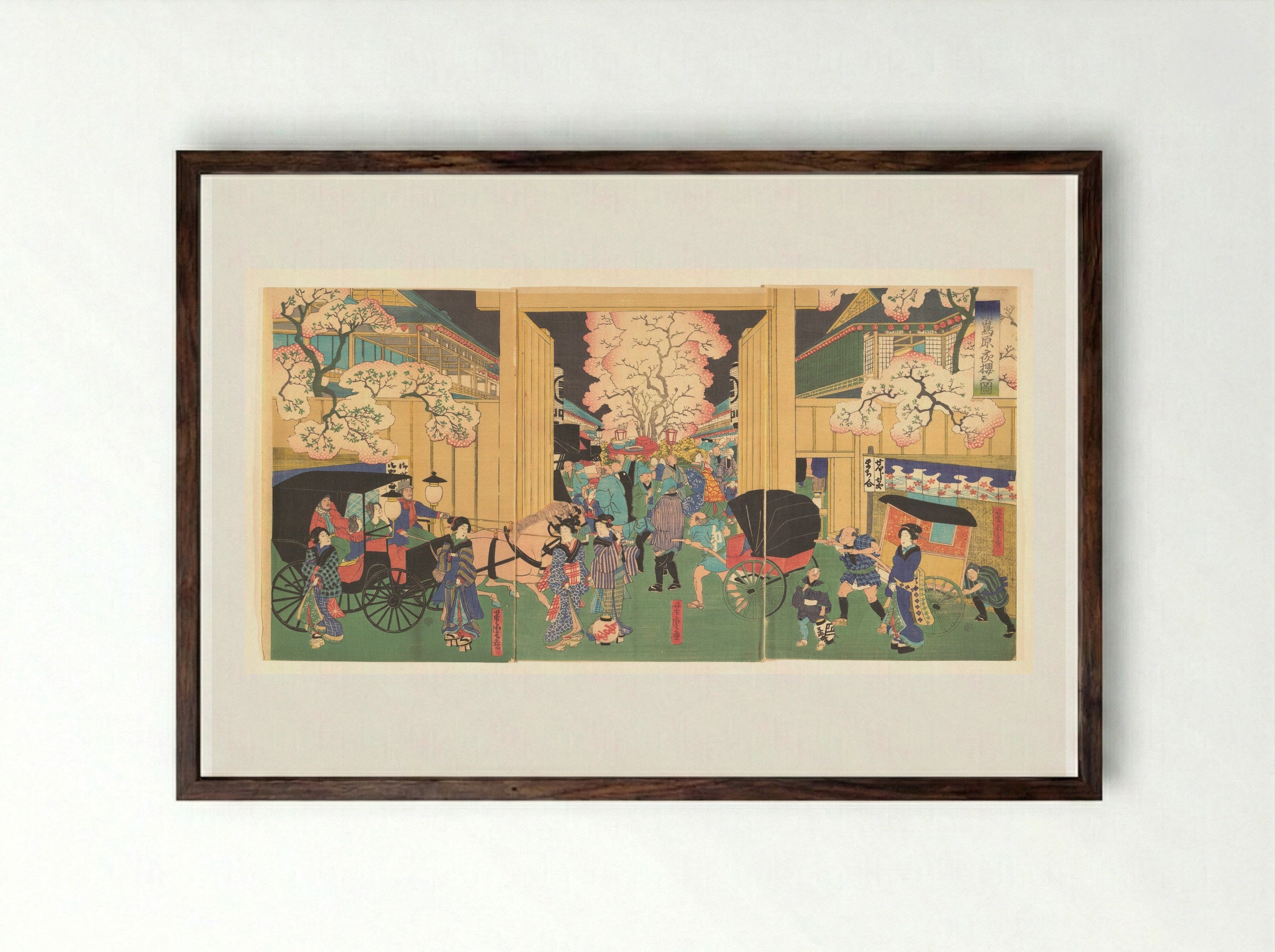 Cherries at Night at New Shimabara - Utagawa Yoshitora - Framed Print Dark Wood