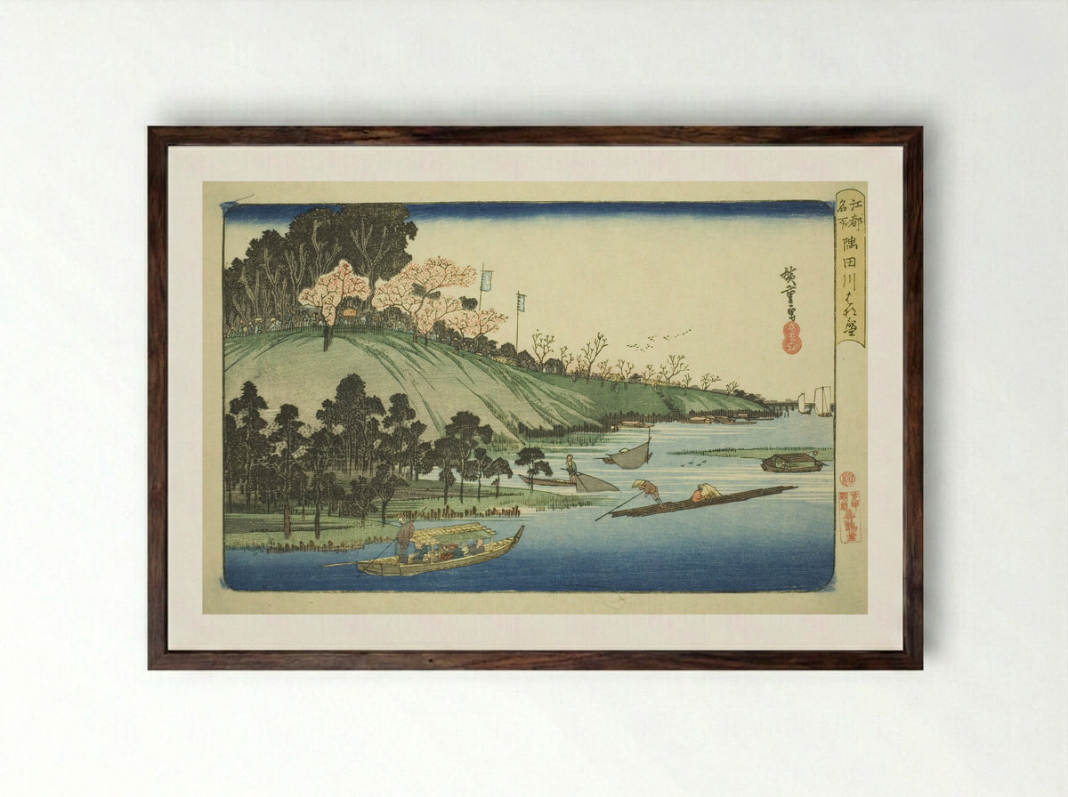 Cherry Blossoms in Full Bloom along the Sumida River - Utagawa Hiroshige - Framed Print Dark Wood