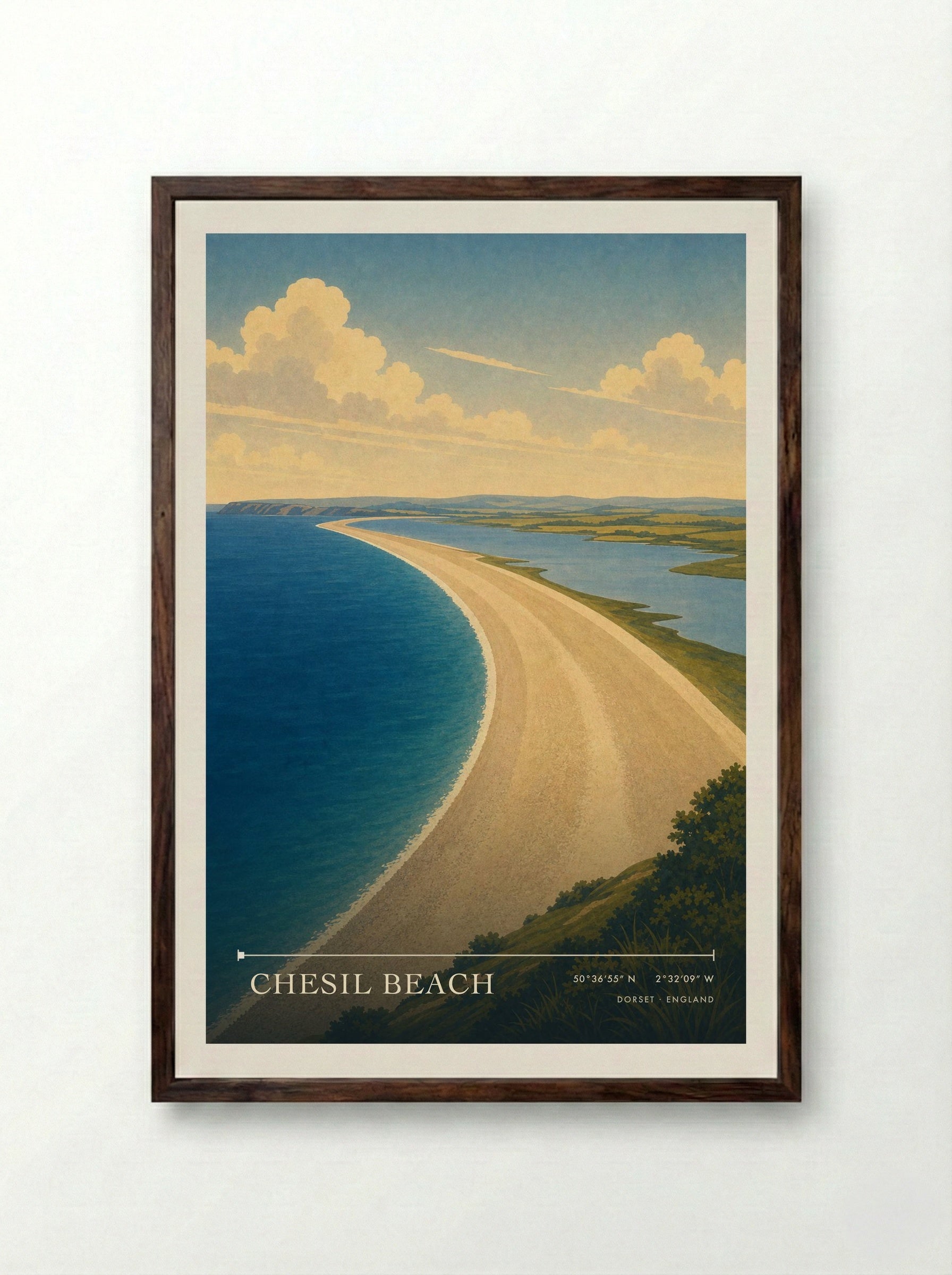 Chesil Beach Dorset England Travel Poster - Framed Print Dark Wood