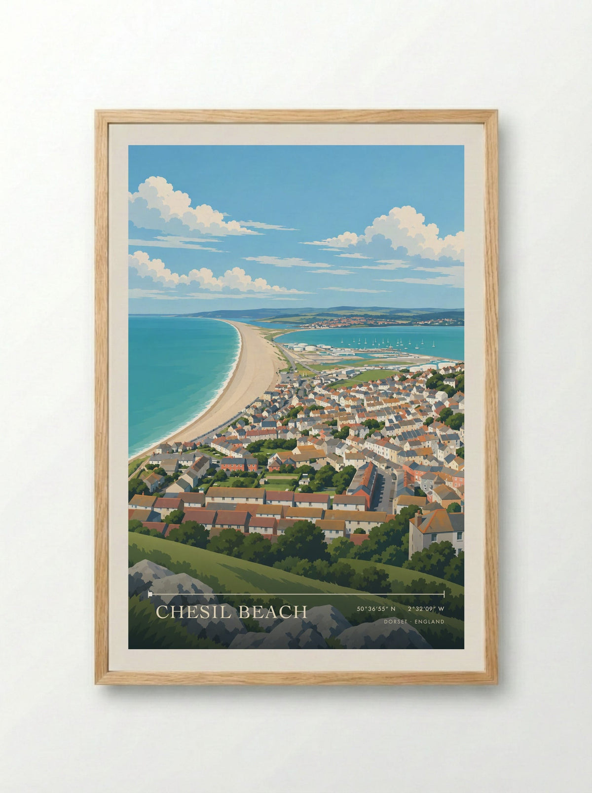 Chesil Beach Dorset | Travel Poster - Framed Print Wood