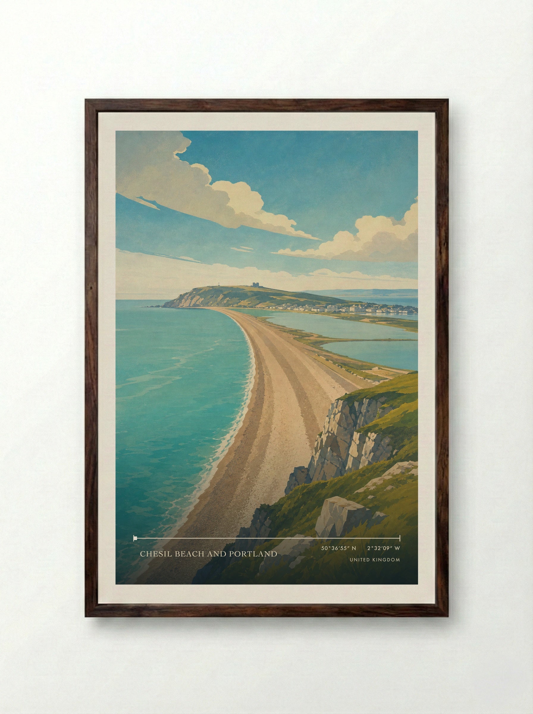 Chesil Beach and Portland United Kingdom Travel Poster - Framed Print Dark Wood