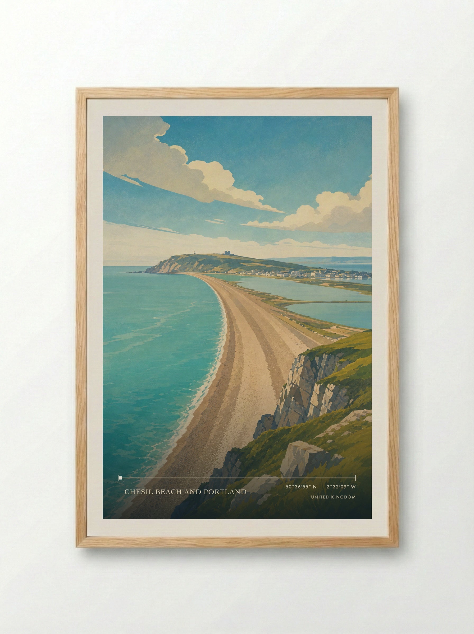Chesil Beach and Portland United Kingdom Travel Poster - Framed Print Wood