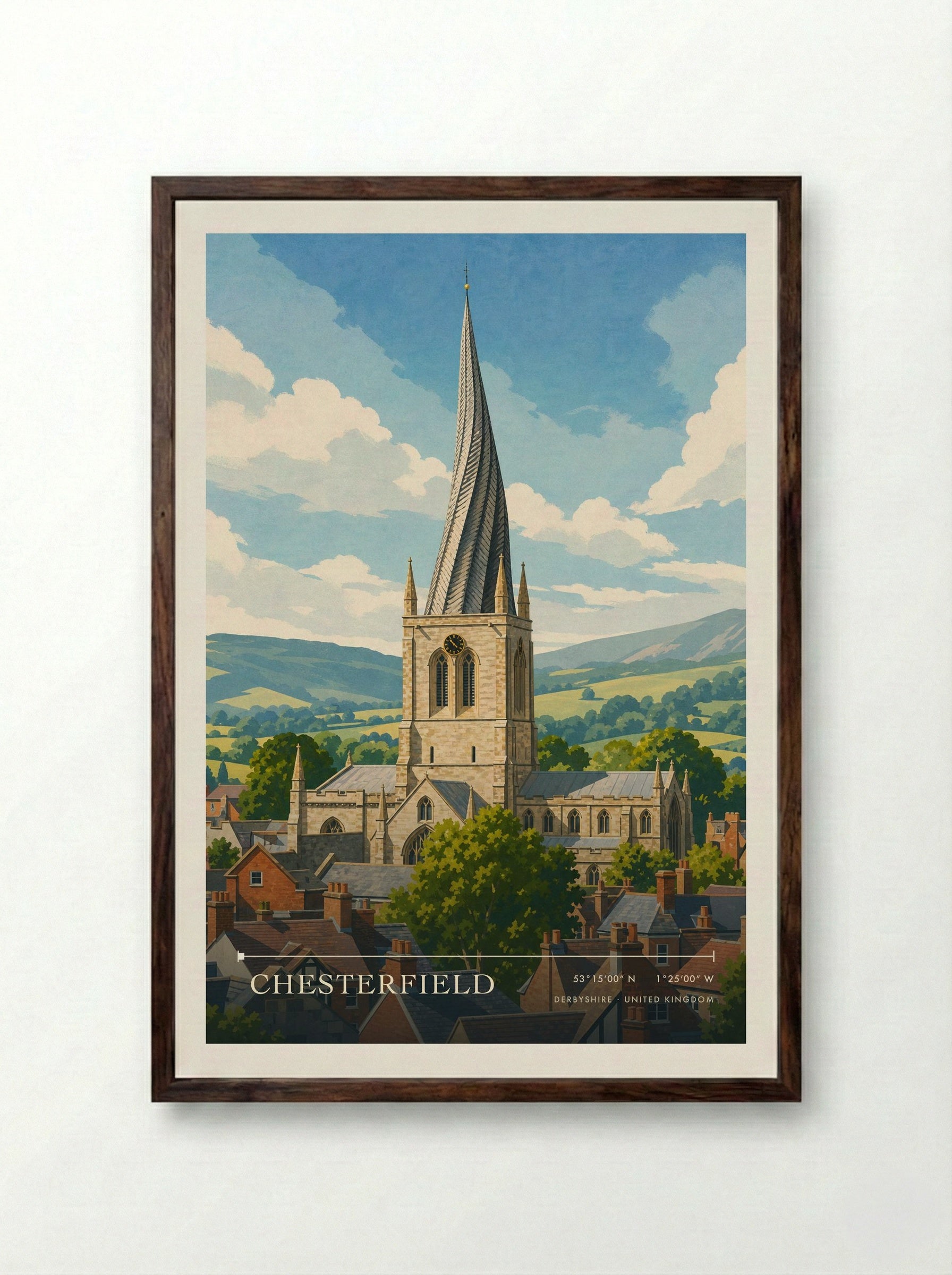 Chesterfield Derbyshire United Kingdom Travel Poster - Framed Print Dark Wood