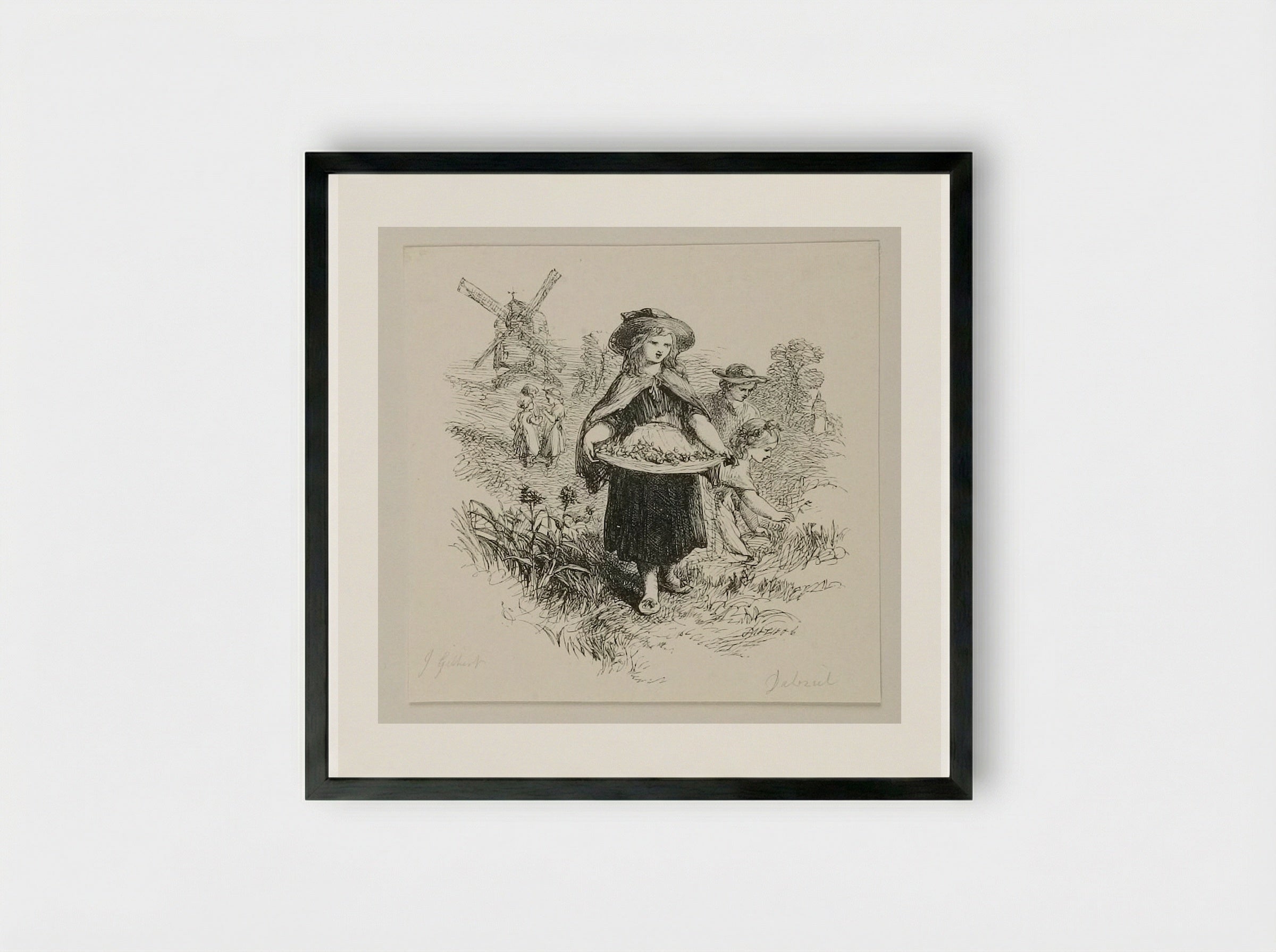 Children Gathering Flowers - Edward Dalziel - Framed Print Black