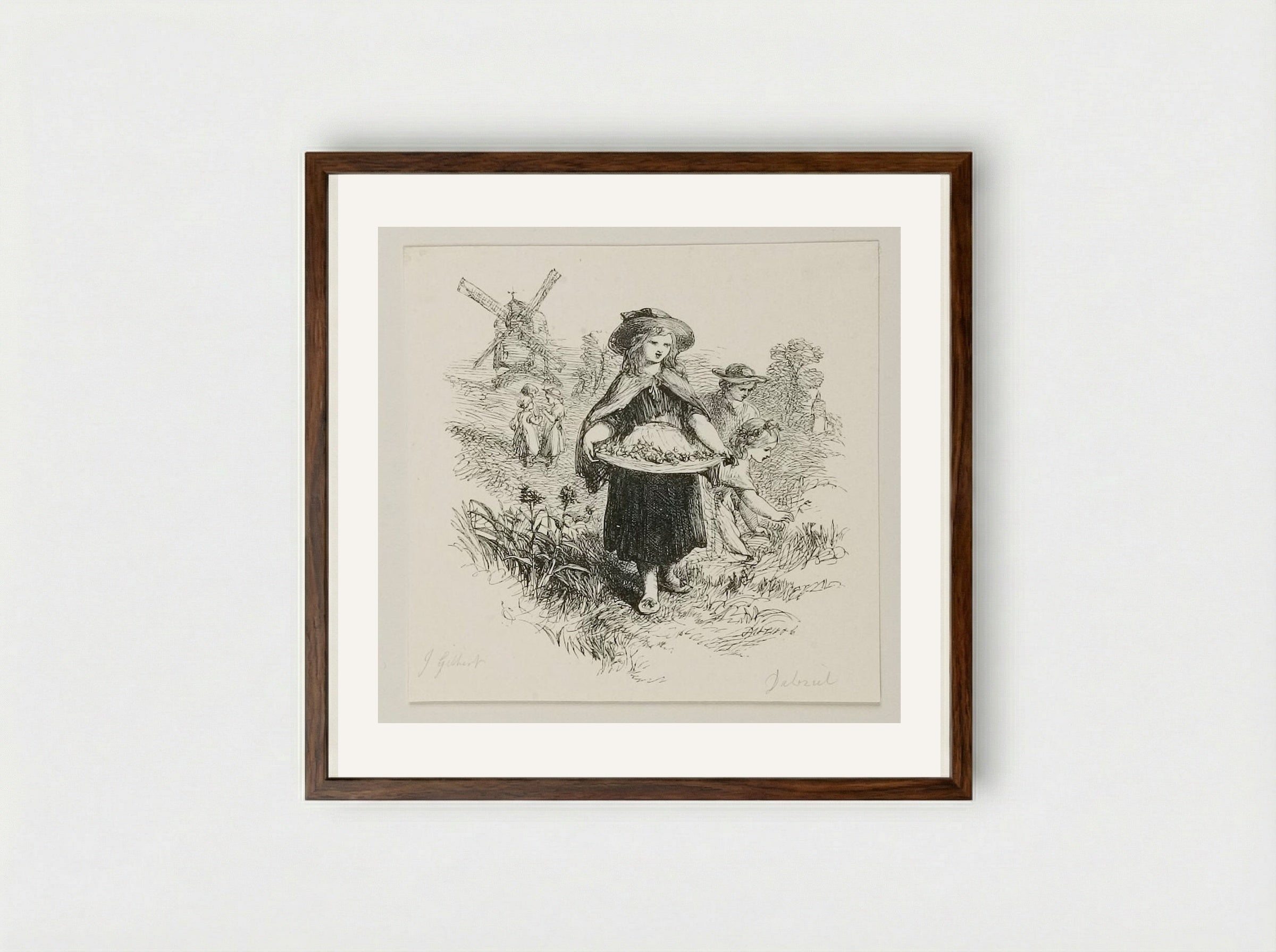 Children Gathering Flowers - Edward Dalziel - Framed Print Dark Wood