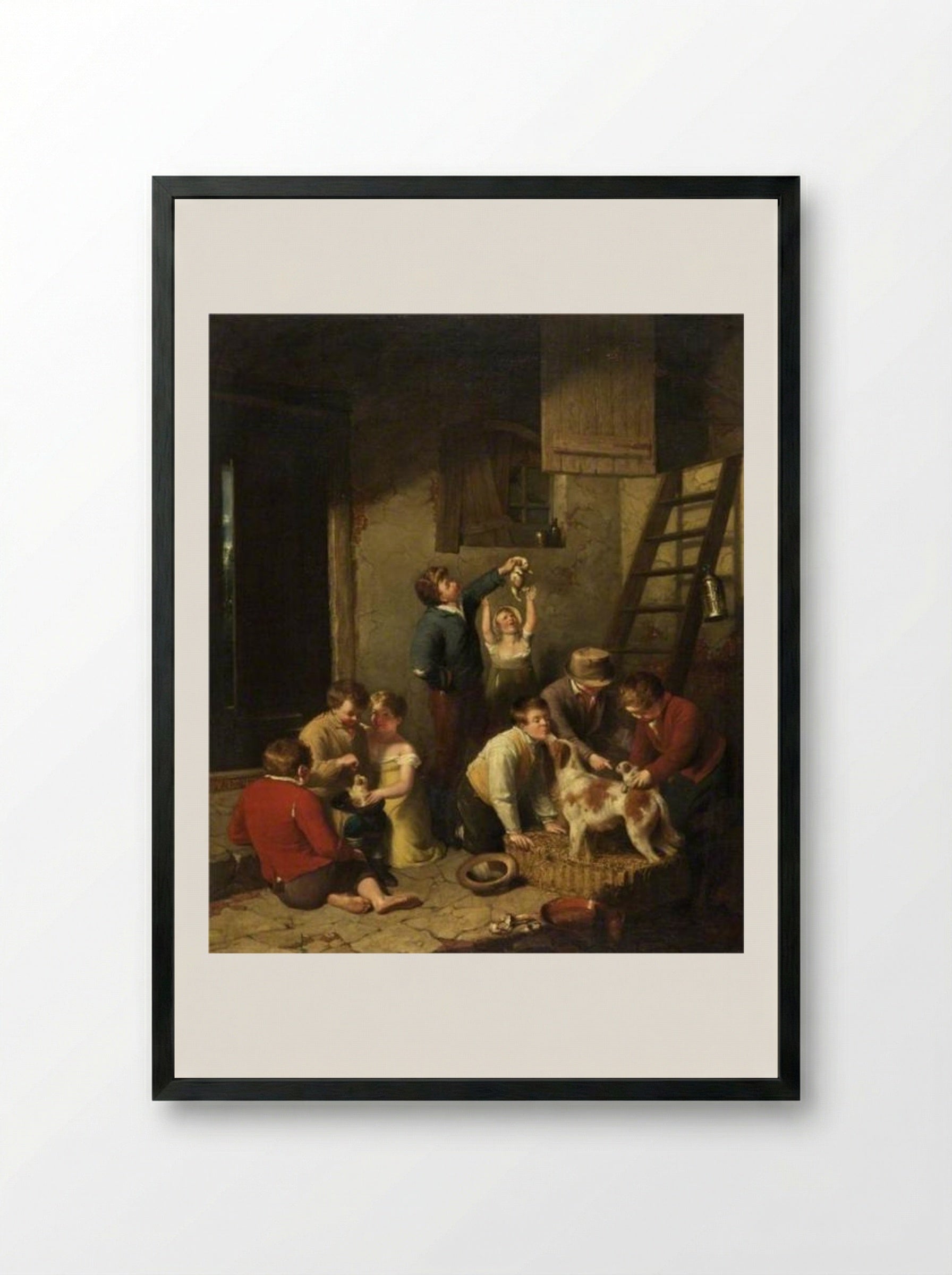 Children Playing with Puppies - William Collins - Framed Print Black
